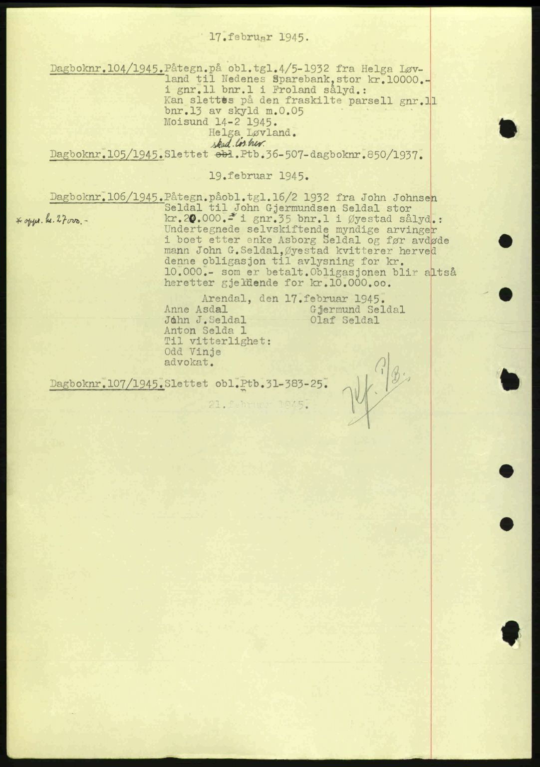 Nedenes sorenskriveri, SAK/1221-0006/G/Gb/Gba/L0052: Mortgage book no. A6a, 1944-1945, Diary no: : 104/1945