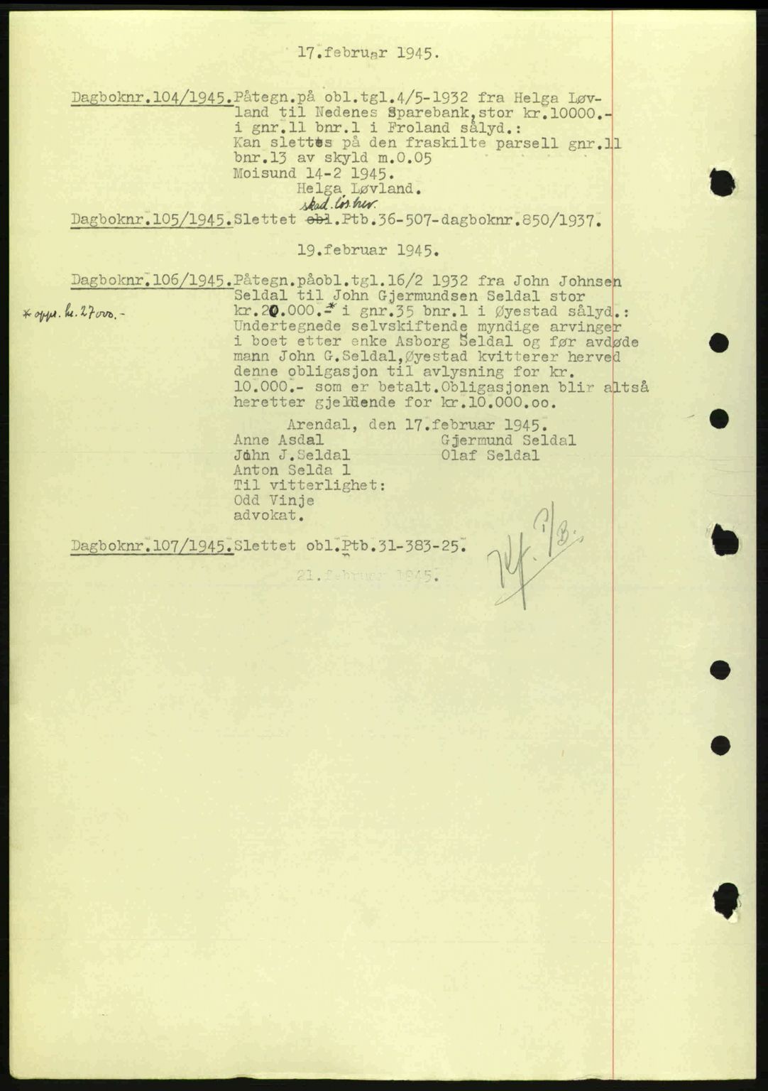 Nedenes sorenskriveri, AV/SAK-1221-0006/G/Gb/Gba/L0052: Mortgage book no. A6a, 1944-1945, Diary no: : 104/1945