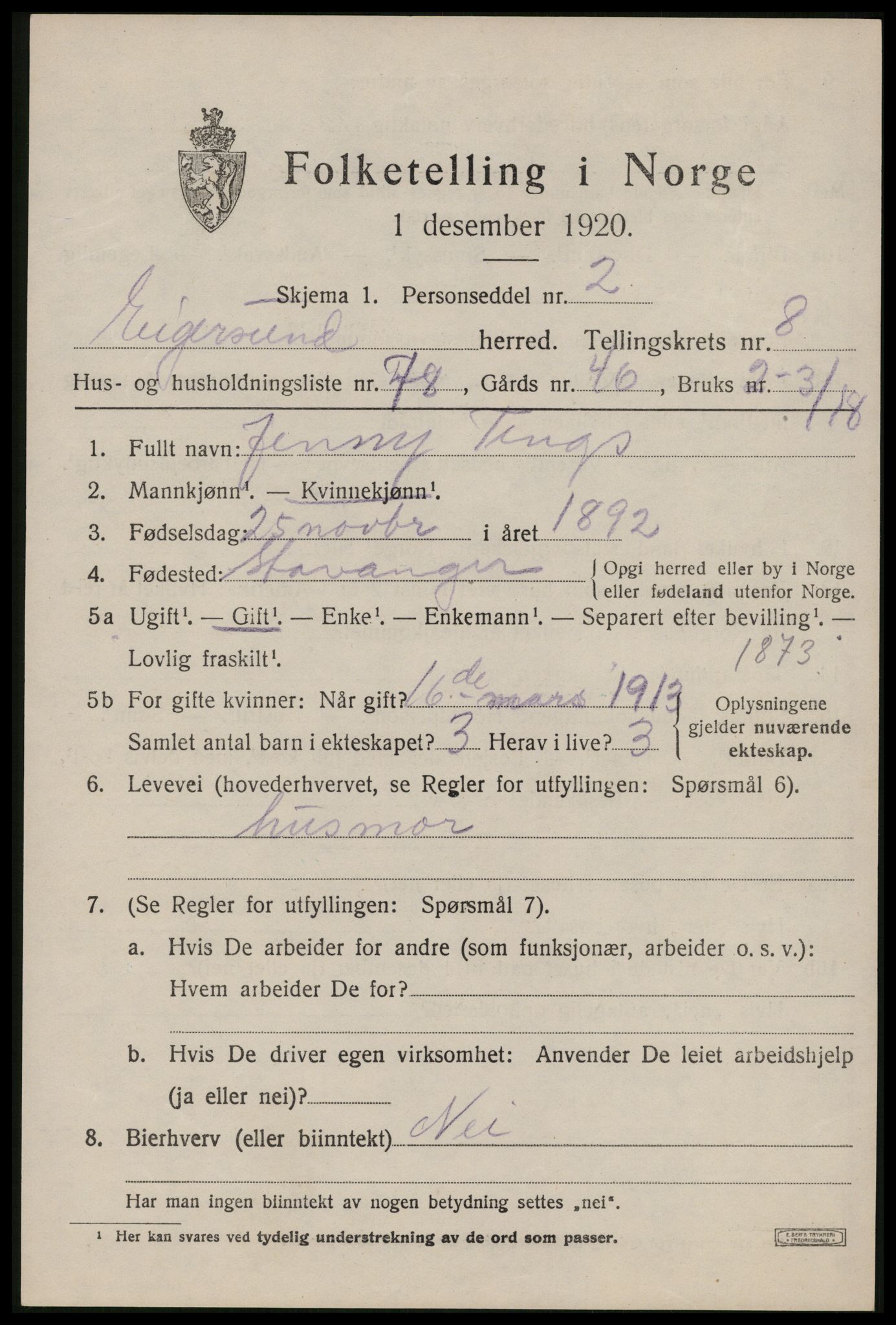 SAST, 1920 census for Eigersund, 1920, p. 5799