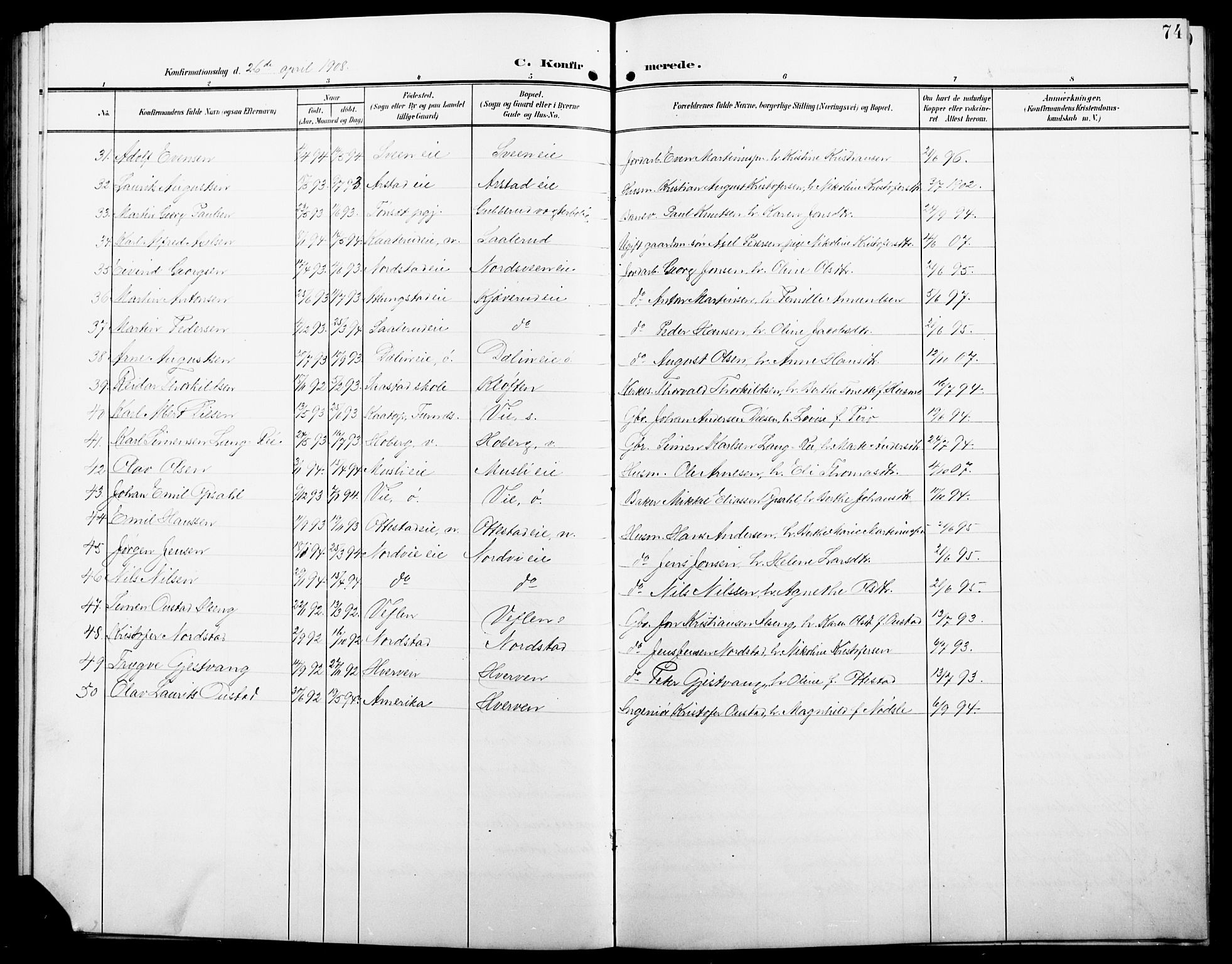 Stange prestekontor, AV/SAH-PREST-002/L/L0013: Parish register (copy) no. 13, 1906-1915, p. 74