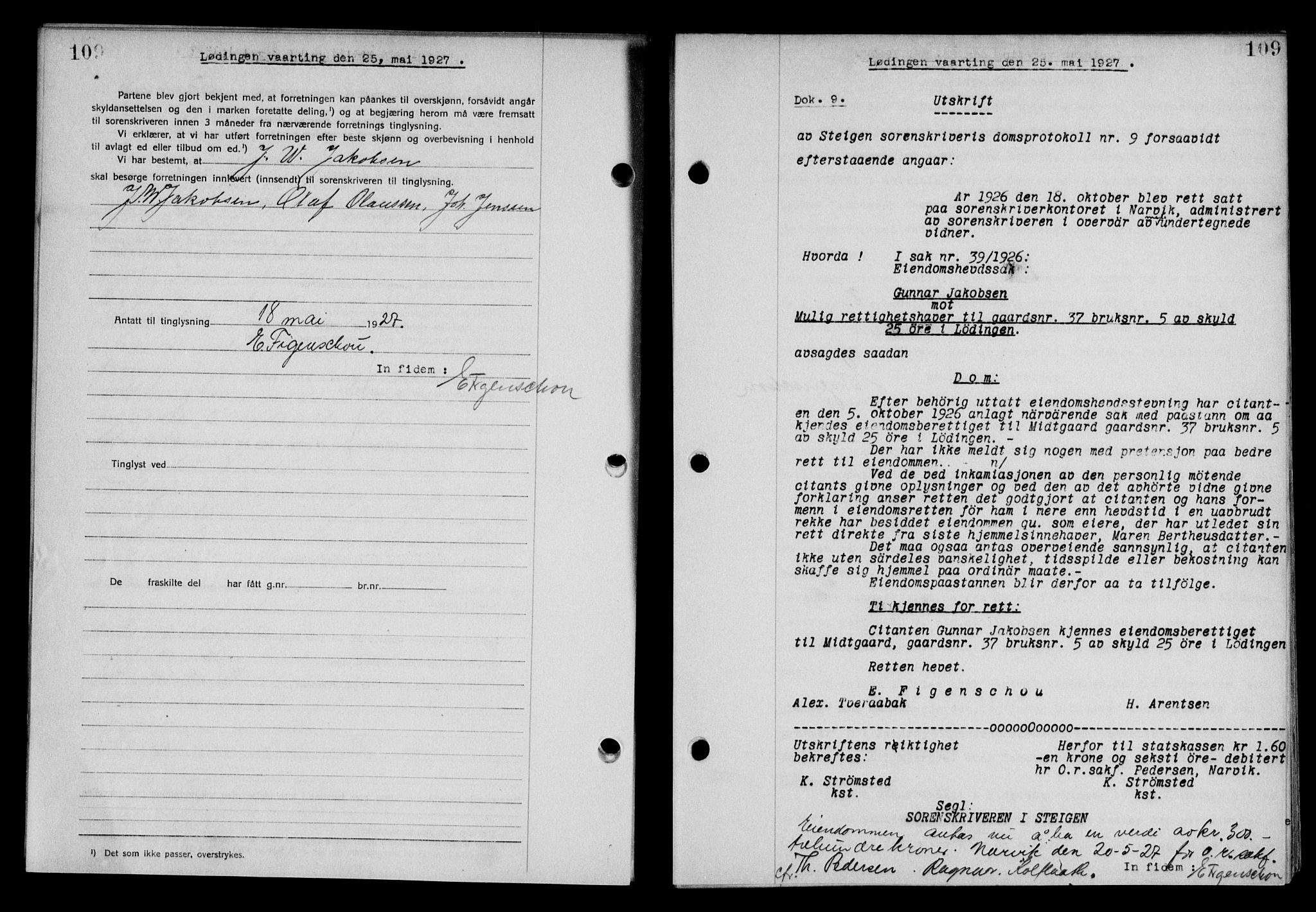 Steigen og Ofoten sorenskriveri, SAT/A-0030/1/2/2C/L0014: Mortgage book no. 13 og 15, 1926-1927, Deed date: 25.05.1927