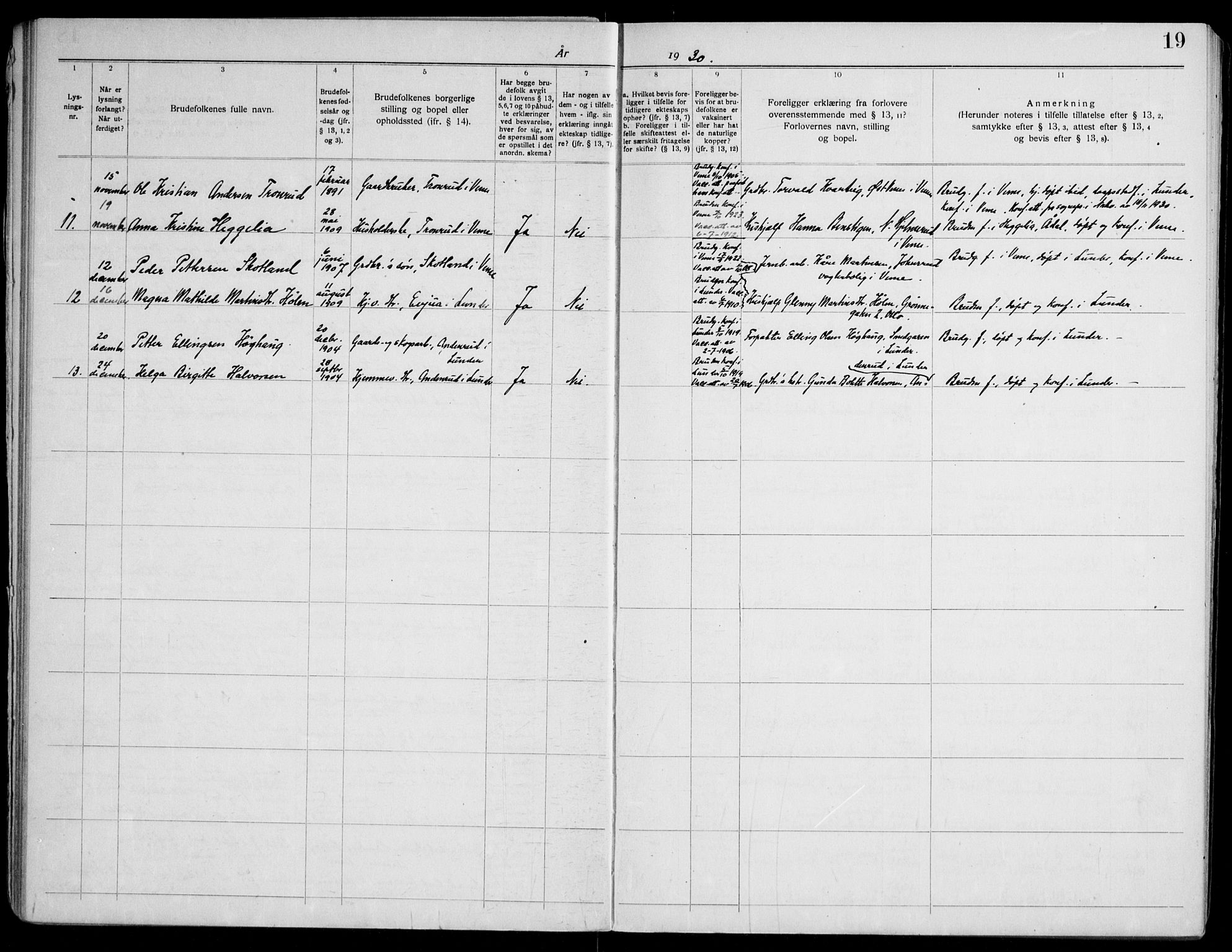 Lunder kirkebøker, AV/SAKO-A-629/H/Ha/L0002: Banns register no. 2, 1919-1969, p. 19