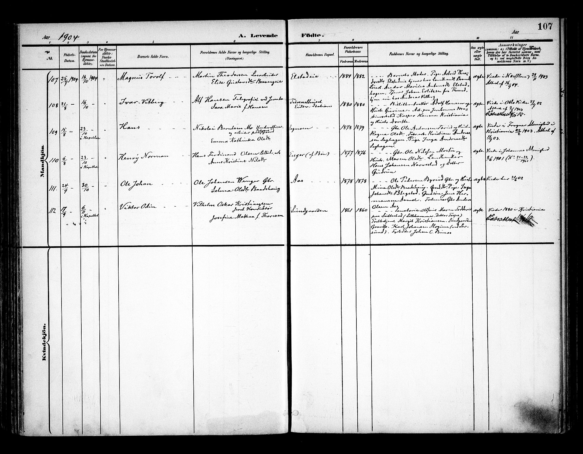 Eidsvoll prestekontor Kirkebøker, AV/SAO-A-10888/F/Fa/L0006: Parish register (official) no. I 6, 1900-1907, p. 107