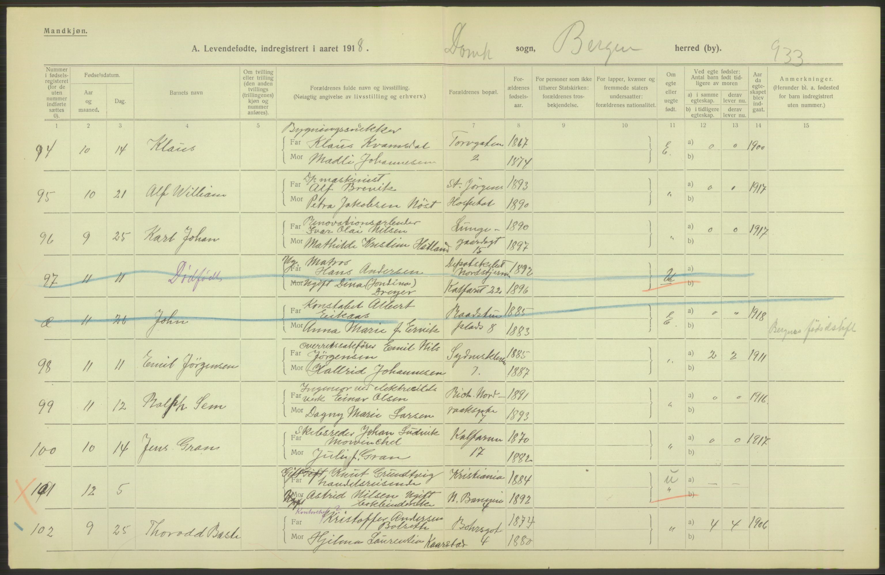 Statistisk sentralbyrå, Sosiodemografiske emner, Befolkning, AV/RA-S-2228/D/Df/Dfb/Dfbh/L0037: Bergen: Levendefødte menn og kvinner., 1918, p. 584