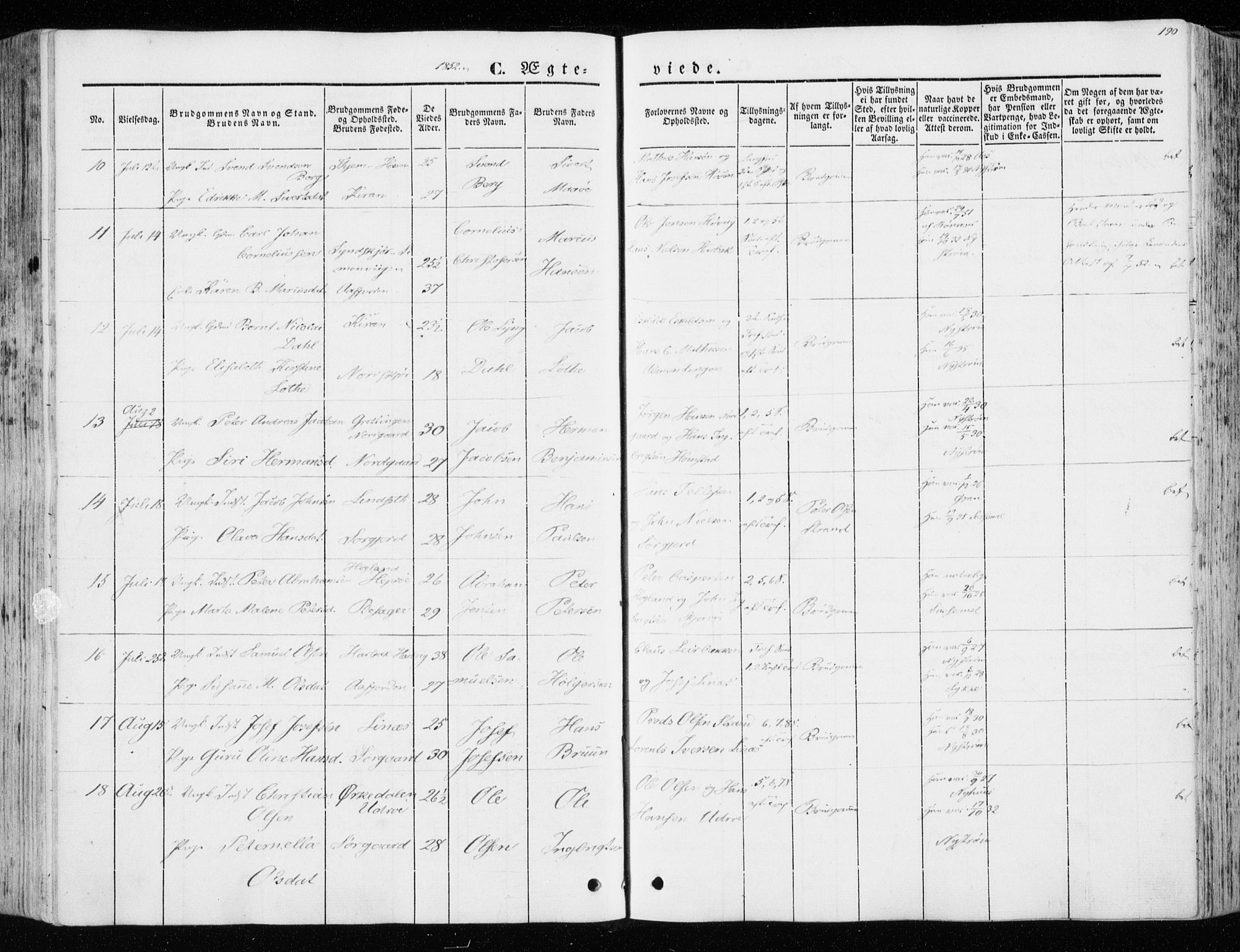 Ministerialprotokoller, klokkerbøker og fødselsregistre - Sør-Trøndelag, SAT/A-1456/657/L0704: Parish register (official) no. 657A05, 1846-1857, p. 190