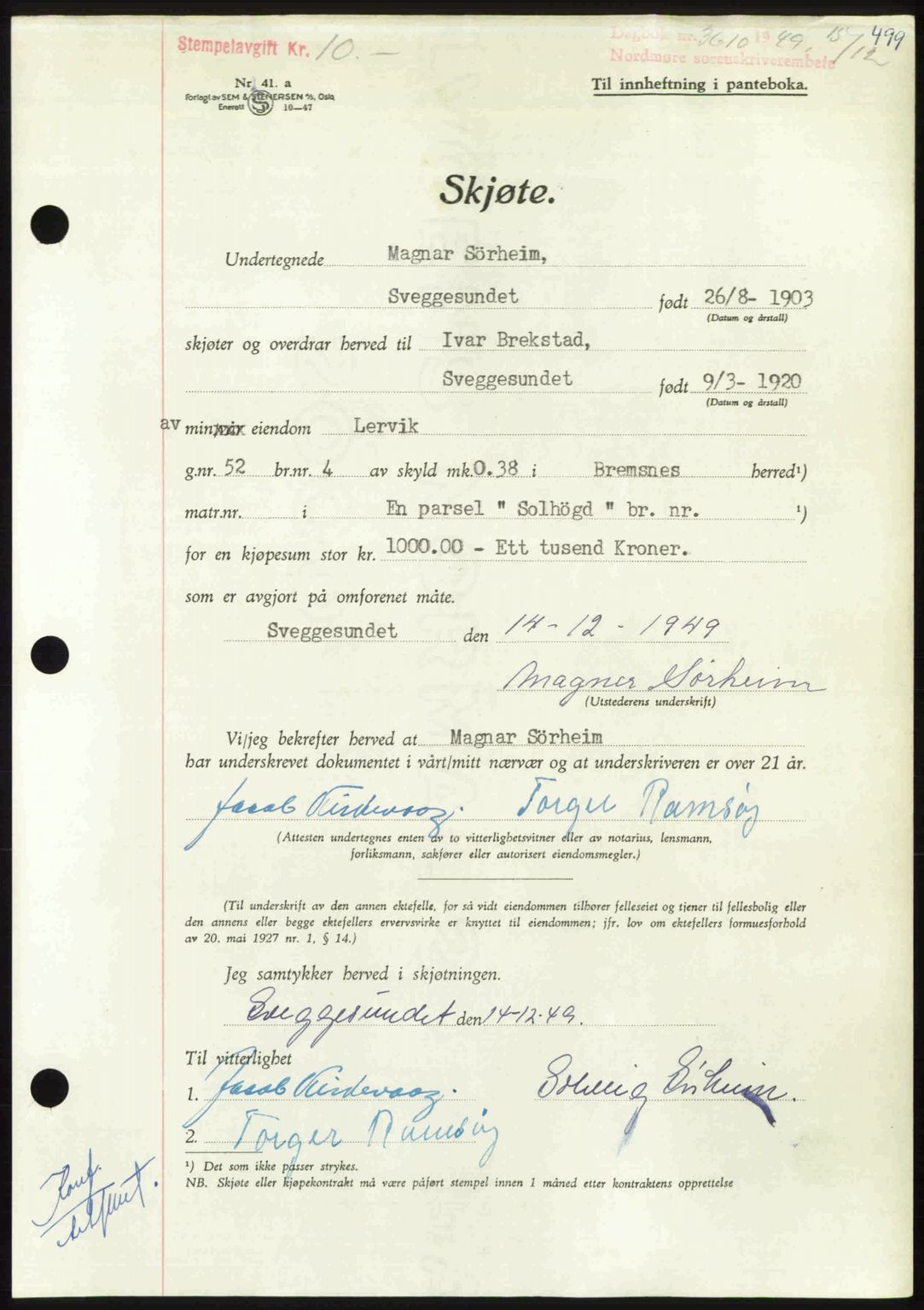 Nordmøre sorenskriveri, AV/SAT-A-4132/1/2/2Ca: Mortgage book no. A113, 1949-1950, Diary no: : 3610/1949