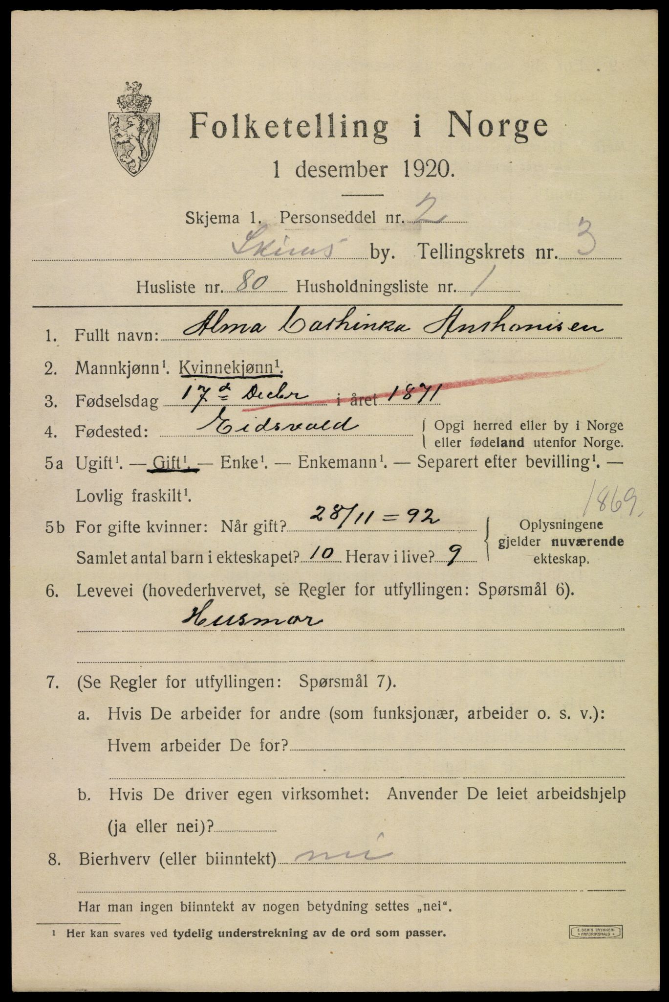 SAKO, 1920 census for Skien, 1920, p. 16126