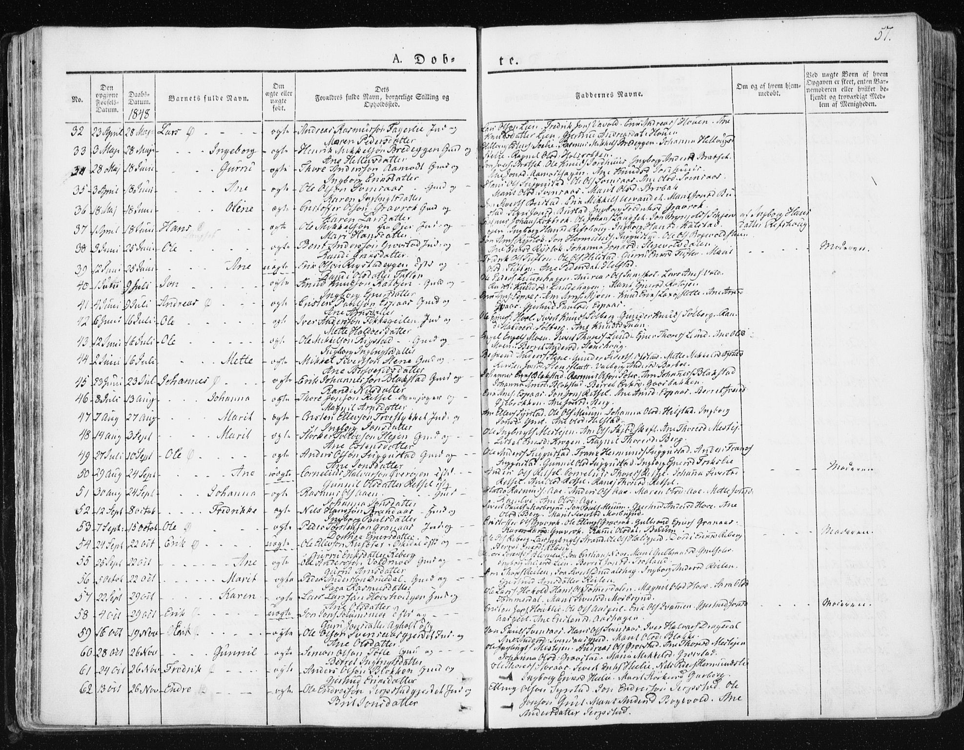 Ministerialprotokoller, klokkerbøker og fødselsregistre - Sør-Trøndelag, SAT/A-1456/672/L0855: Parish register (official) no. 672A07, 1829-1860, p. 57