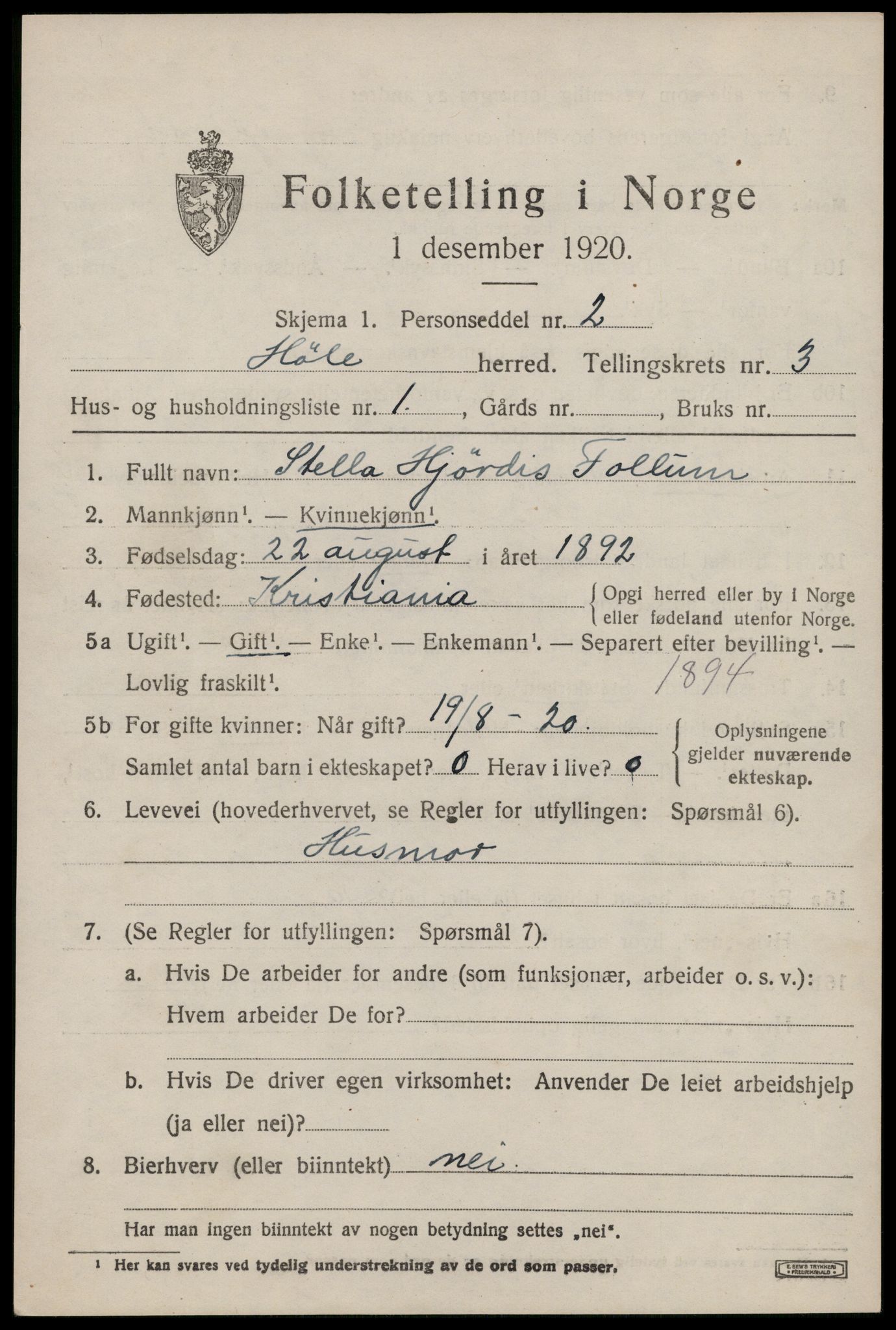 SAST, 1920 census for Høle, 1920, p. 1015