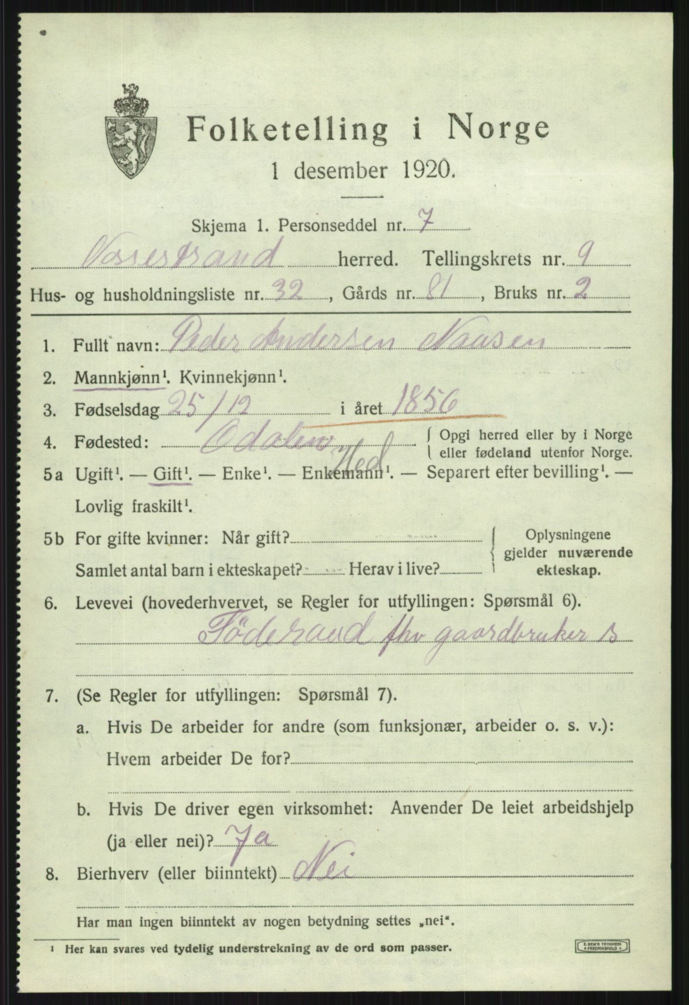 SAB, 1920 census for Vossestrand, 1920, p. 4222