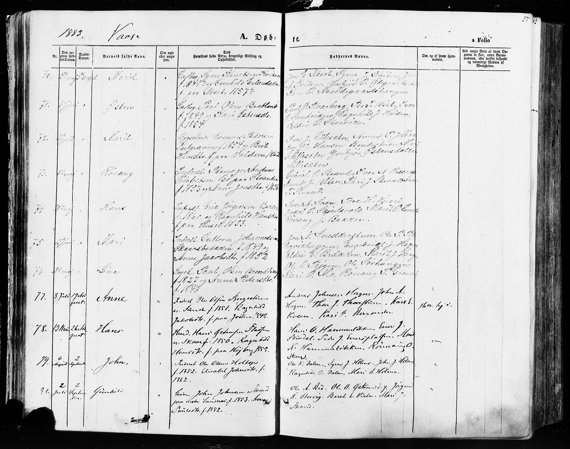 Vågå prestekontor, AV/SAH-PREST-076/H/Ha/Haa/L0007: Parish register (official) no. 7 /1, 1872-1886, p. 57