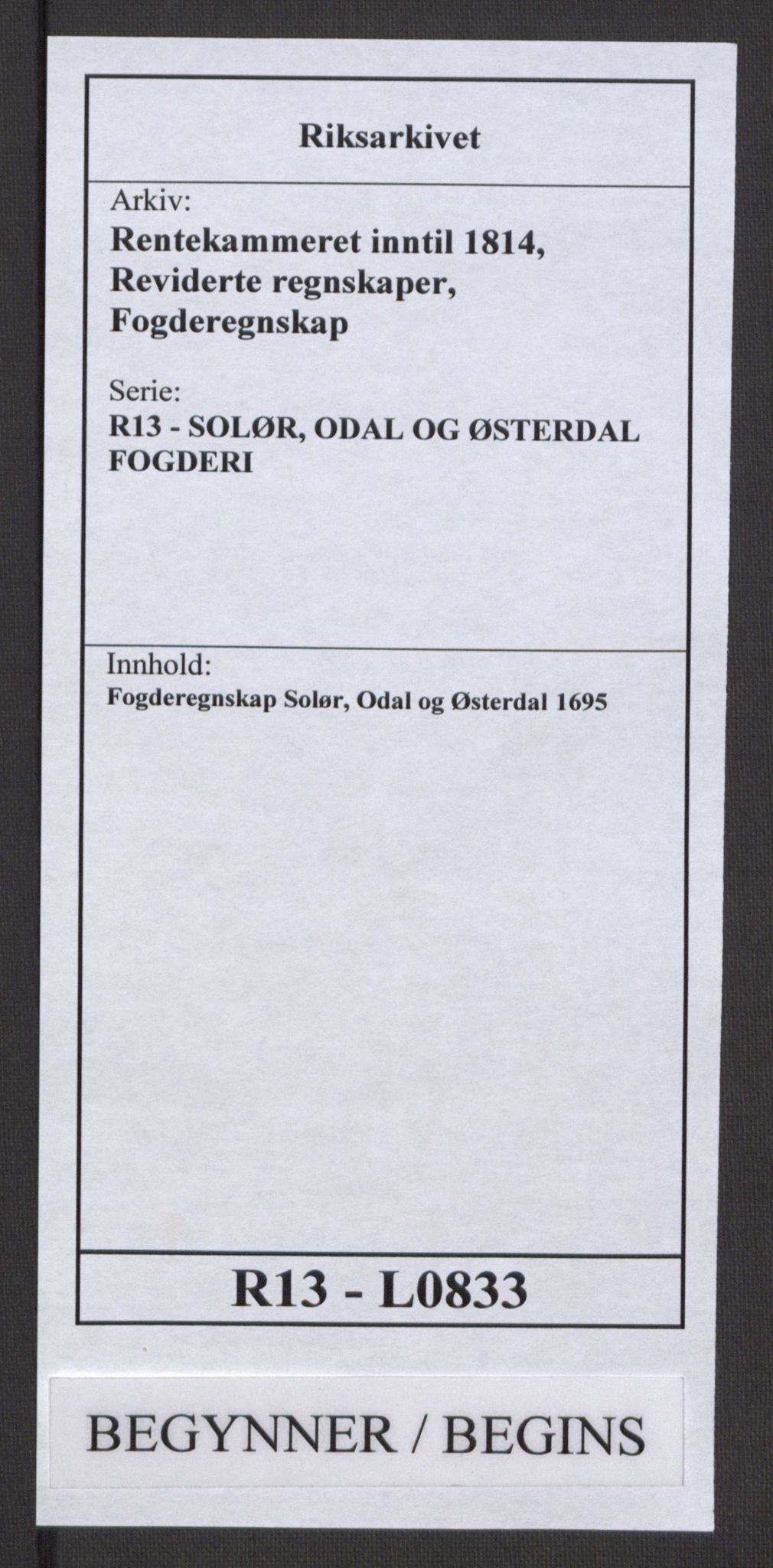 Rentekammeret inntil 1814, Reviderte regnskaper, Fogderegnskap, RA/EA-4092/R13/L0833: Fogderegnskap Solør, Odal og Østerdal, 1695, p. 1