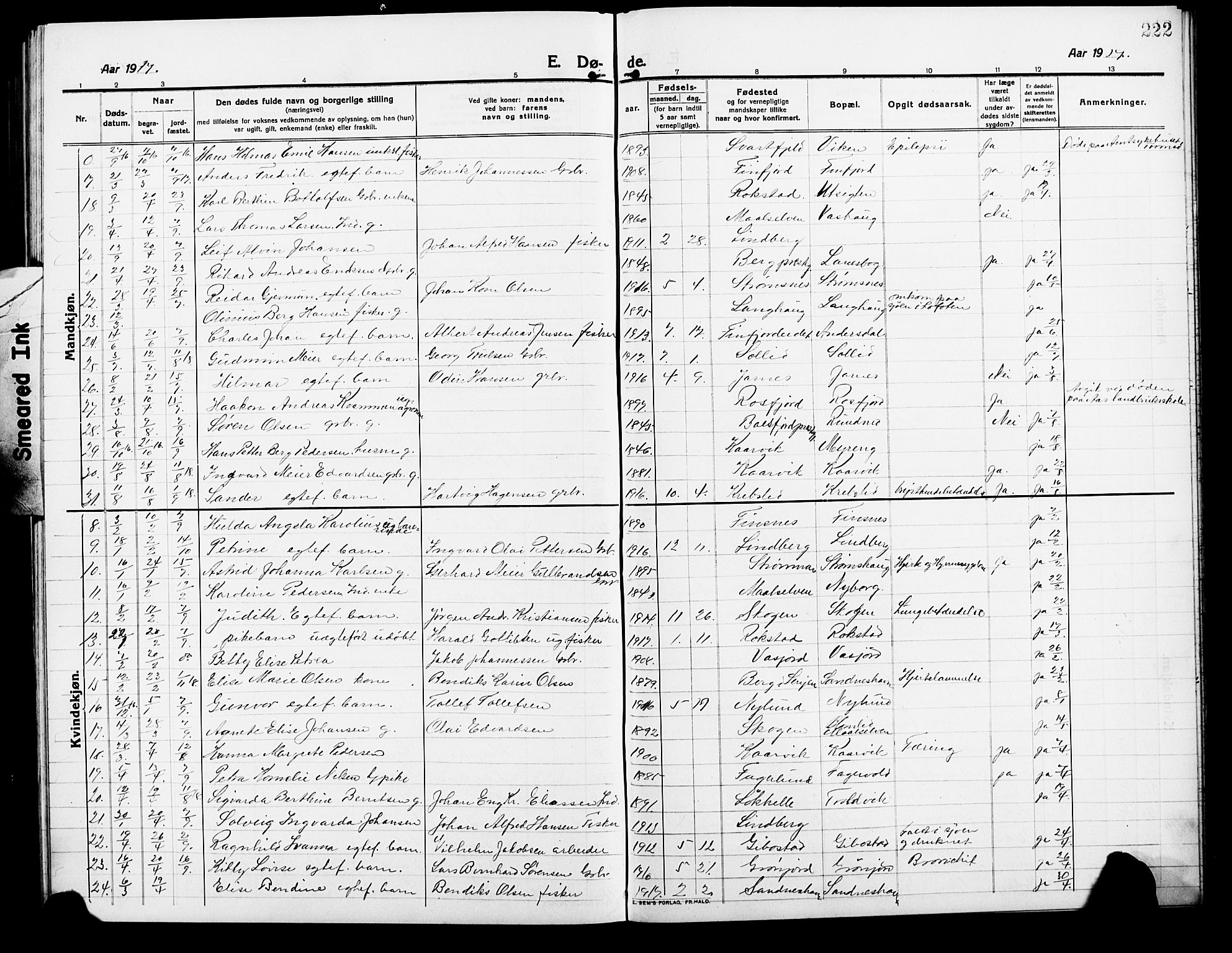 Lenvik sokneprestembete, SATØ/S-1310/H/Ha/Hab/L0009klokker: Parish register (copy) no. 9, 1912-1926, p. 222