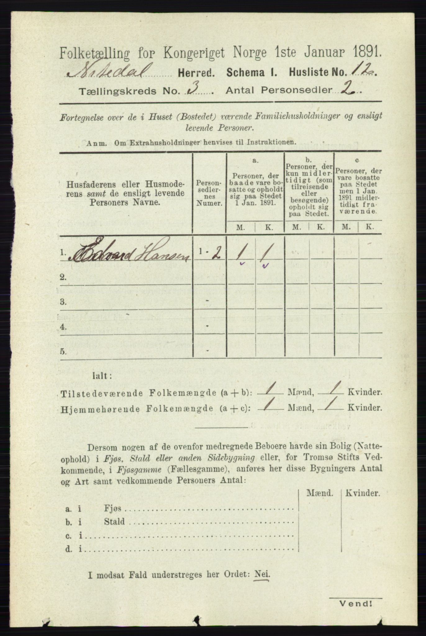 RA, 1891 census for 0233 Nittedal, 1891, p. 1137