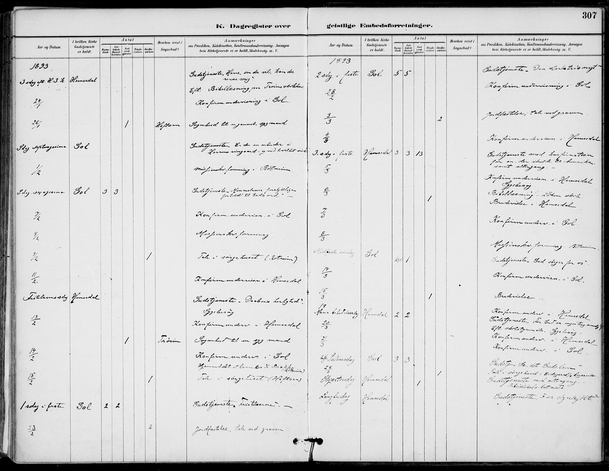 Gol kirkebøker, AV/SAKO-A-226/F/Fa/L0005: Parish register (official) no. I 5, 1887-1900, p. 307