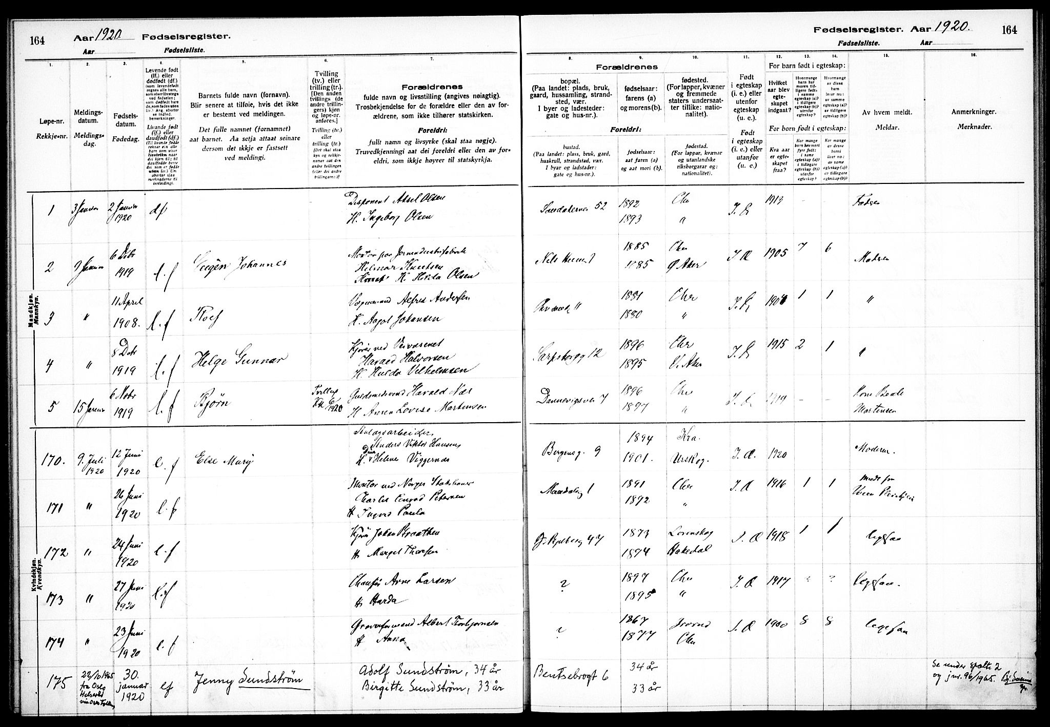 Sagene prestekontor Kirkebøker, SAO/A-10796/J/L0001: Birth register no. 1, 1916-1920, p. 164