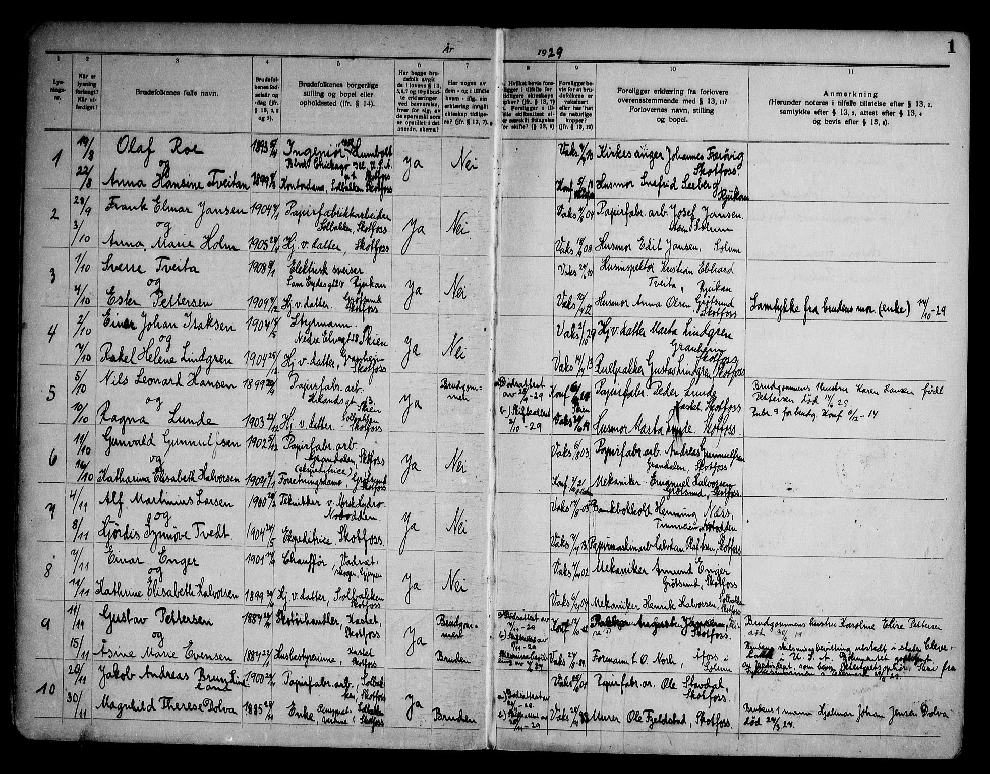 Solum kirkebøker, AV/SAKO-A-306/H/Hb/L0001: Banns register no. II 1, 1929-1963, p. 1