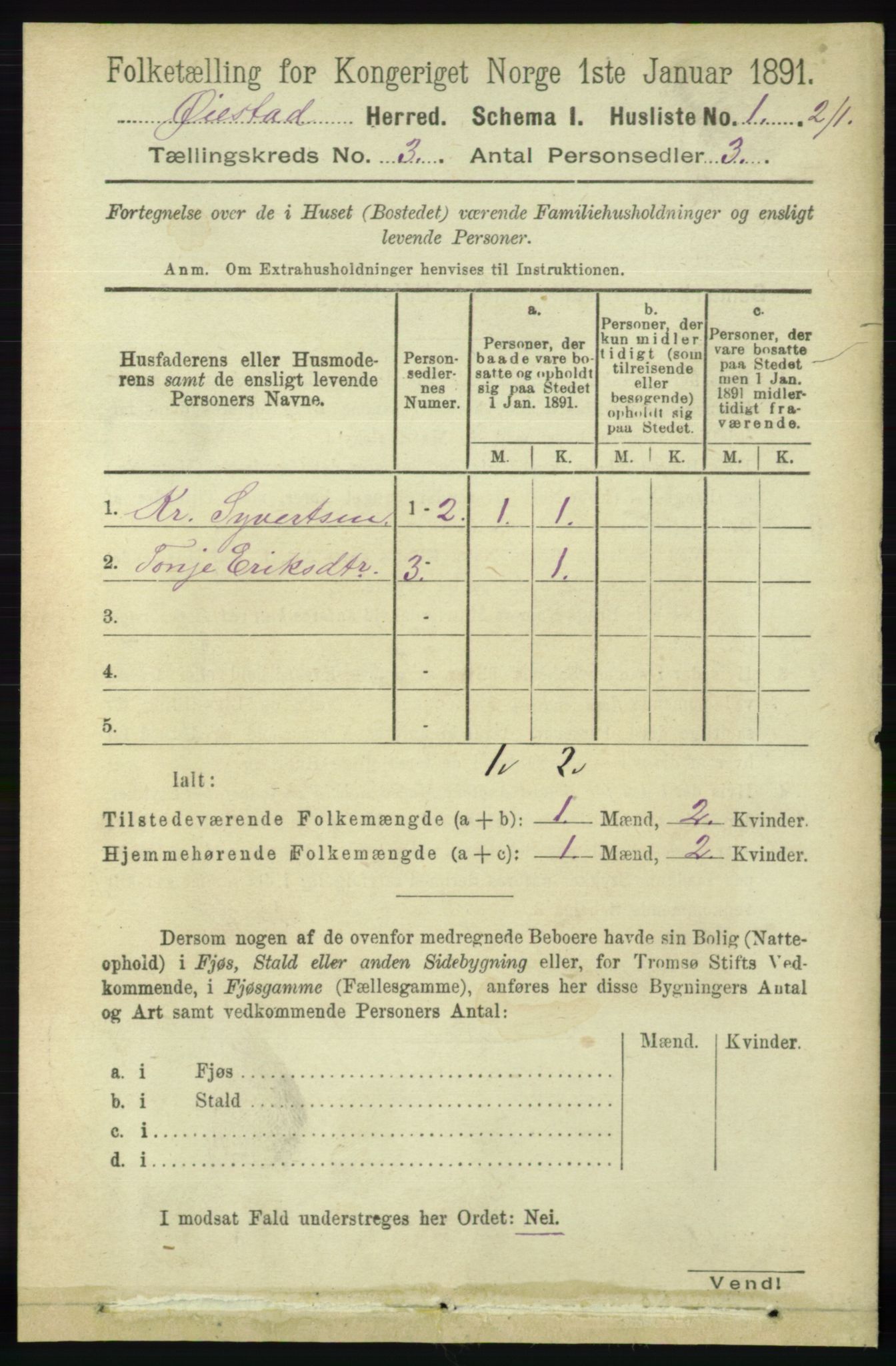 RA, 1891 census for 0920 Øyestad, 1891, p. 836