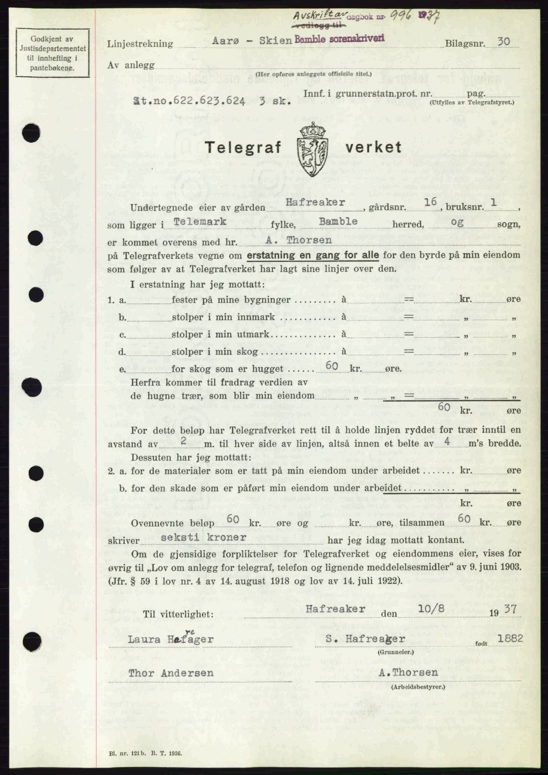 Bamble sorenskriveri, AV/SAKO-A-214/G/Ga/Gag/L0002: Mortgage book no. A-2, 1937-1938, Diary no: : 996/1937