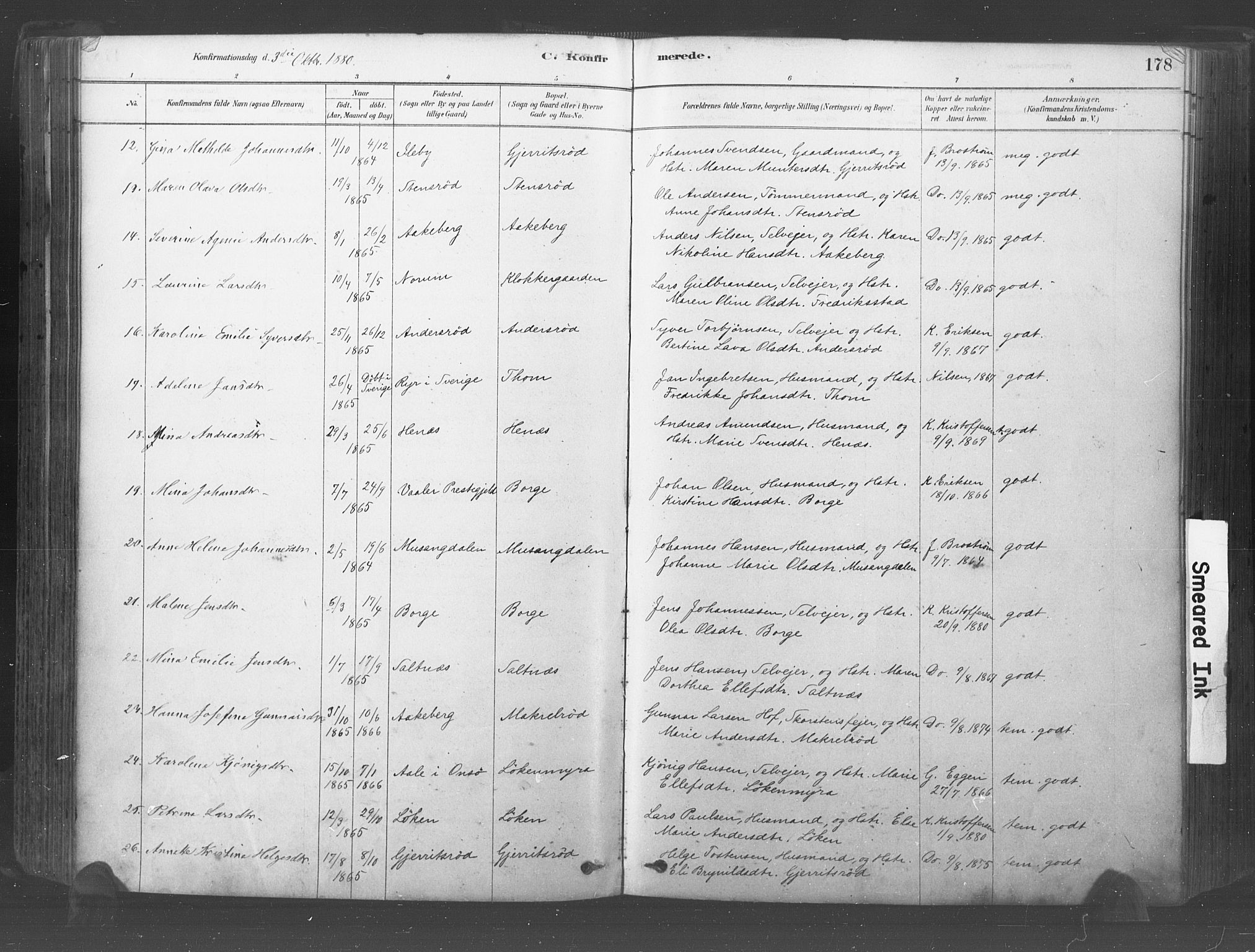 Råde prestekontor kirkebøker, AV/SAO-A-2009/F/Fa/L0007: Parish register (official) no. 7, 1878-1902, p. 178