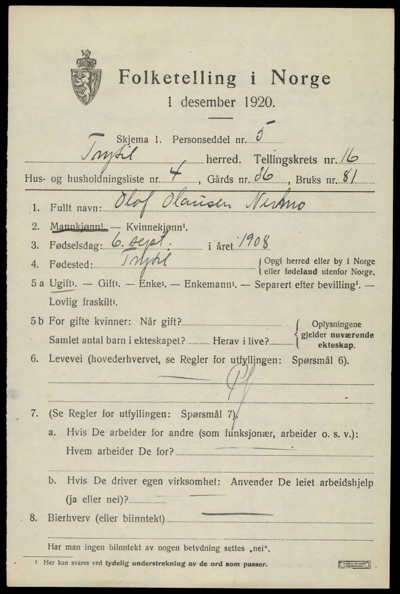 SAH, 1920 census for Trysil, 1920, p. 9475