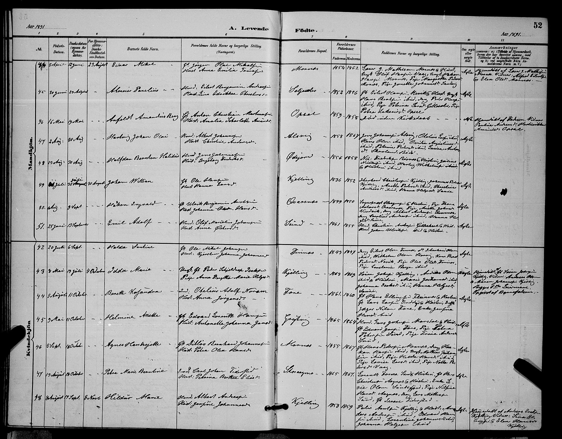 Ministerialprotokoller, klokkerbøker og fødselsregistre - Nordland, AV/SAT-A-1459/805/L0108: Parish register (copy) no. 805C04, 1885-1899, p. 52