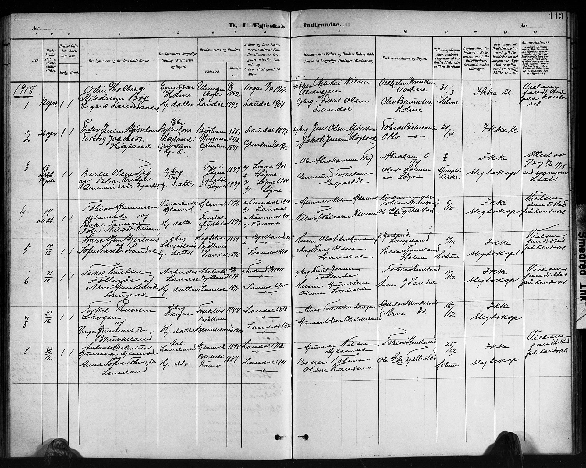 Holum sokneprestkontor, SAK/1111-0022/F/Fb/Fbb/L0004: Parish register (copy) no. B 4, 1899-1920, p. 113