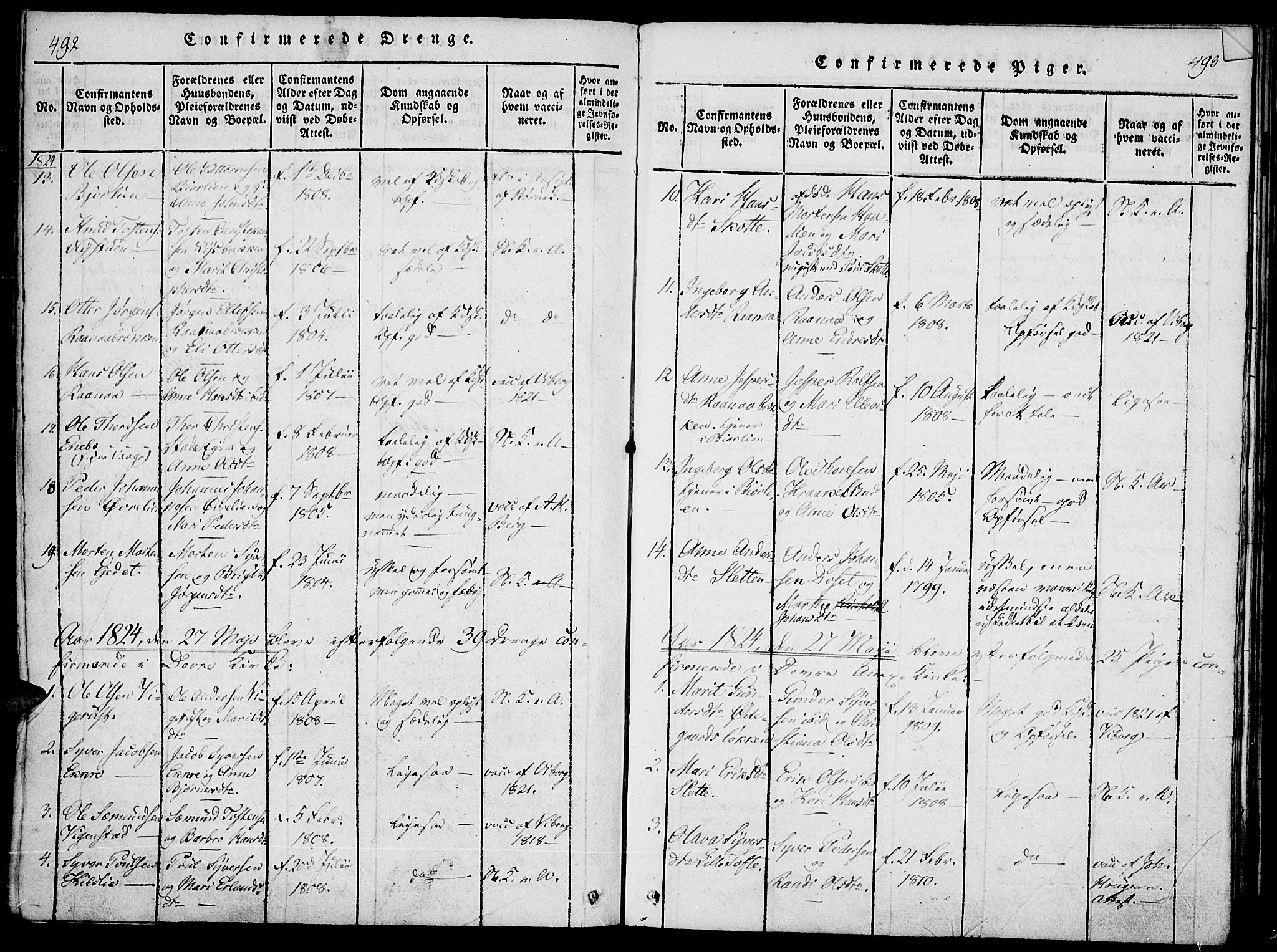 Lesja prestekontor, SAH/PREST-068/H/Ha/Haa/L0004: Parish register (official) no. 4, 1820-1829, p. 492-493