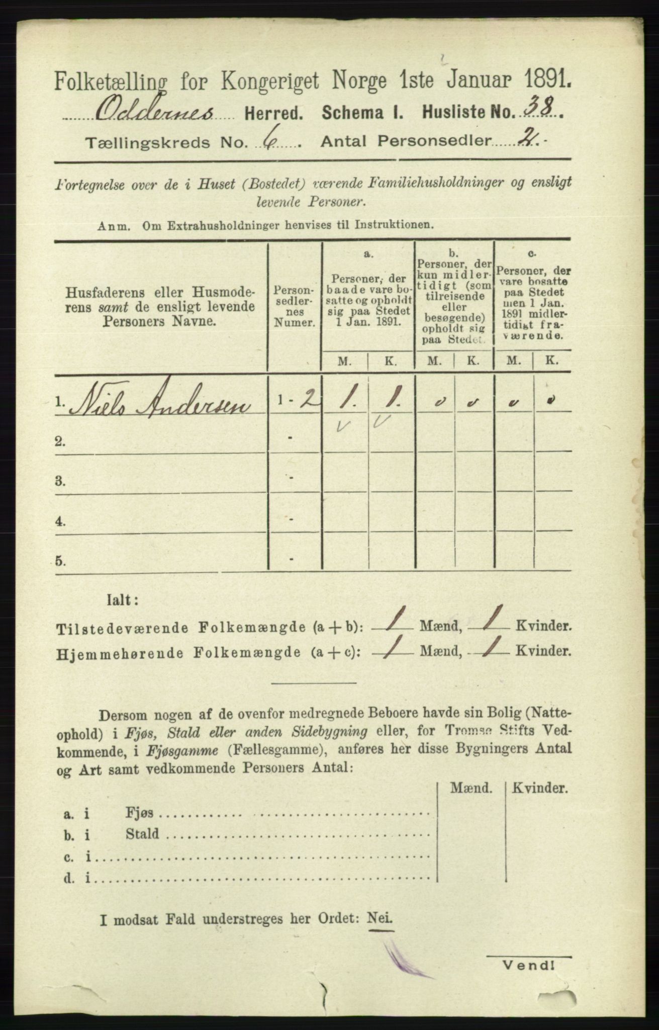 RA, 1891 census for 1012 Oddernes, 1891, p. 2187