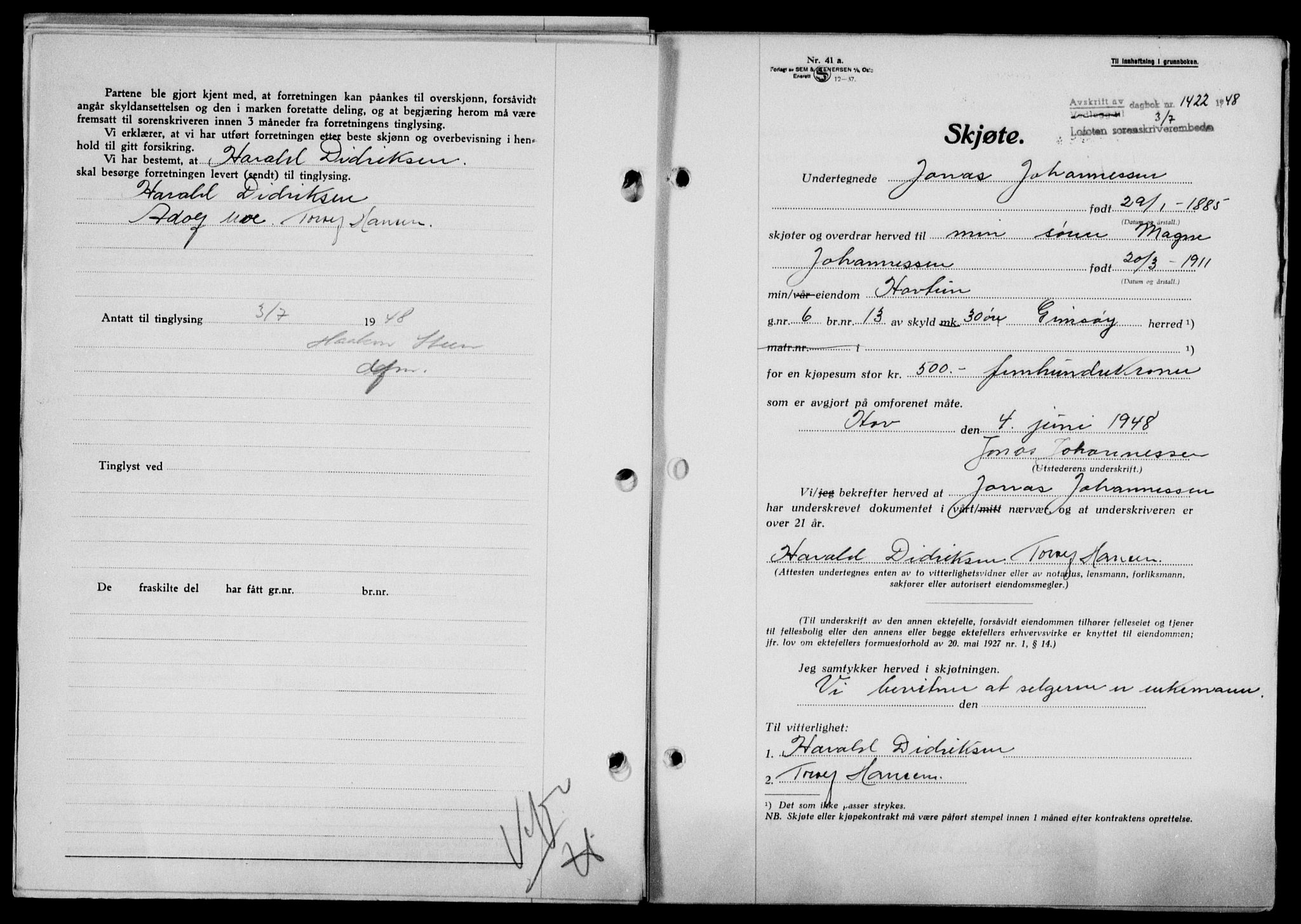 Lofoten sorenskriveri, SAT/A-0017/1/2/2C/L0018a: Mortgage book no. 18a, 1948-1948, Diary no: : 1422/1948