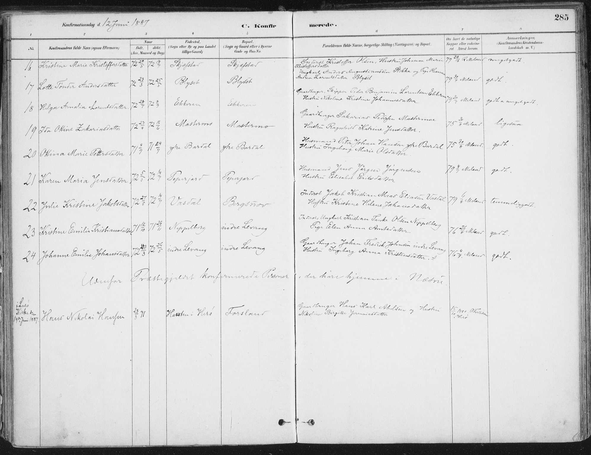 Ministerialprotokoller, klokkerbøker og fødselsregistre - Nordland, AV/SAT-A-1459/838/L0552: Parish register (official) no. 838A10, 1880-1910, p. 285