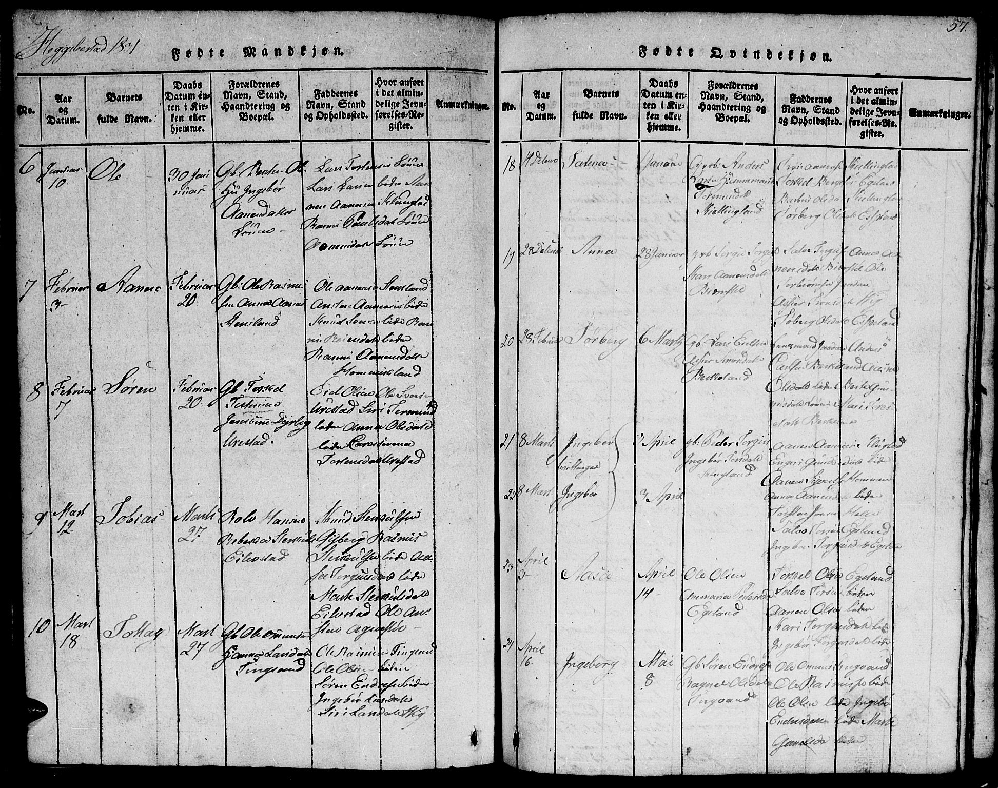 Hægebostad sokneprestkontor, AV/SAK-1111-0024/F/Fb/Fba/L0001: Parish register (copy) no. B 1, 1815-1844, p. 57