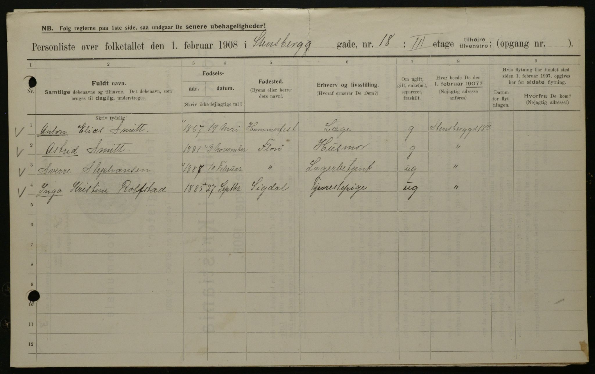 OBA, Municipal Census 1908 for Kristiania, 1908, p. 91256