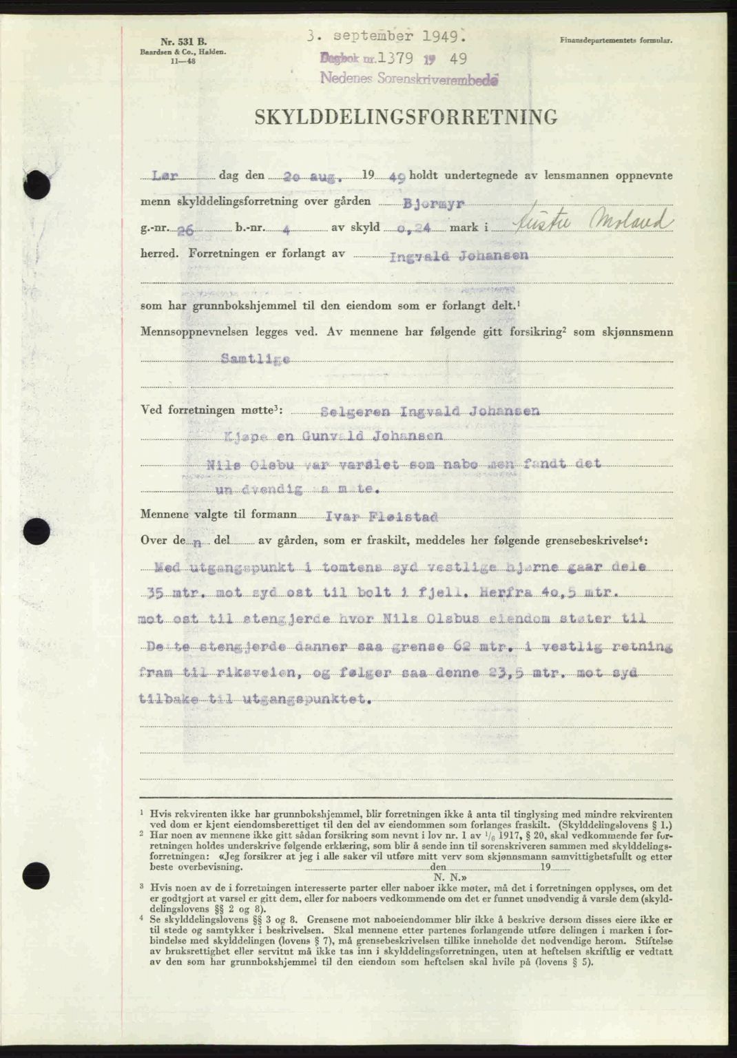 Nedenes sorenskriveri, AV/SAK-1221-0006/G/Gb/Gba/L0061: Mortgage book no. A13, 1949-1949, Diary no: : 1379/1949