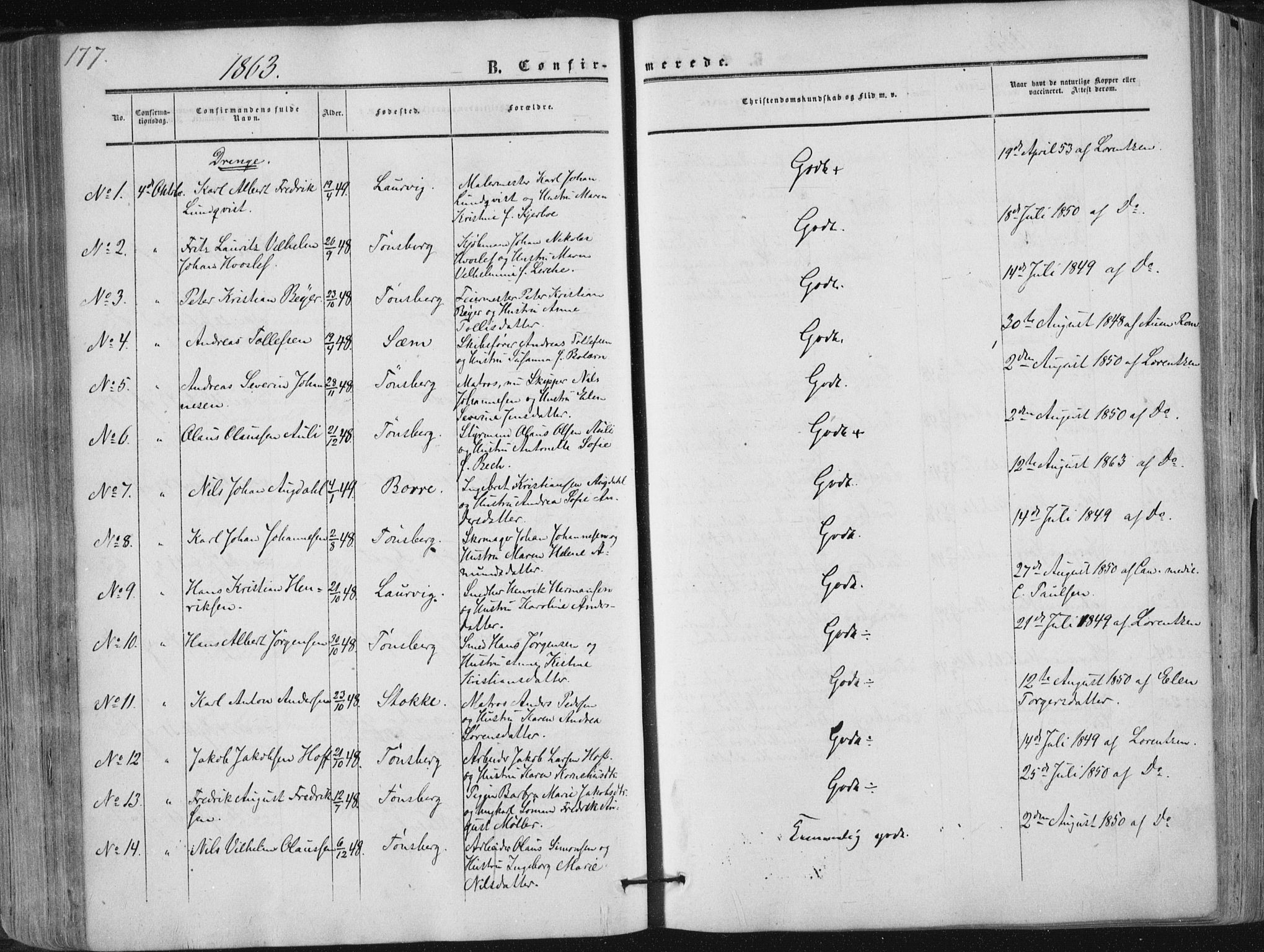 Tønsberg kirkebøker, AV/SAKO-A-330/F/Fa/L0008: Parish register (official) no. I 8, 1855-1864, p. 177