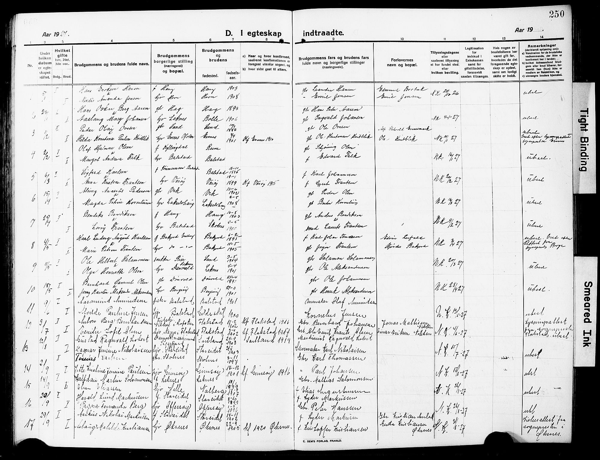 Ministerialprotokoller, klokkerbøker og fødselsregistre - Nordland, AV/SAT-A-1459/881/L1169: Parish register (copy) no. 881C06, 1912-1930, p. 250