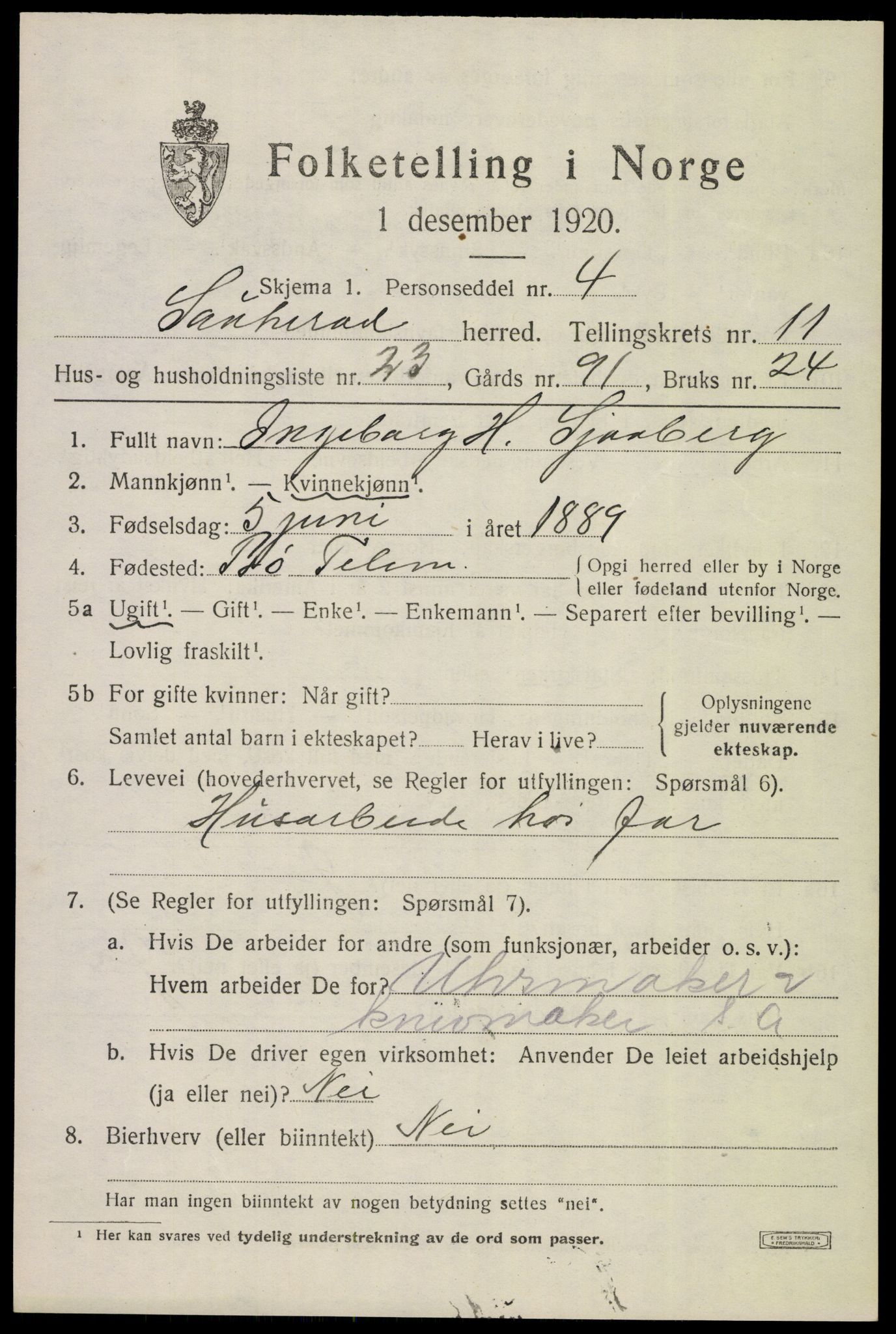 SAKO, 1920 census for Sauherad, 1920, p. 8290