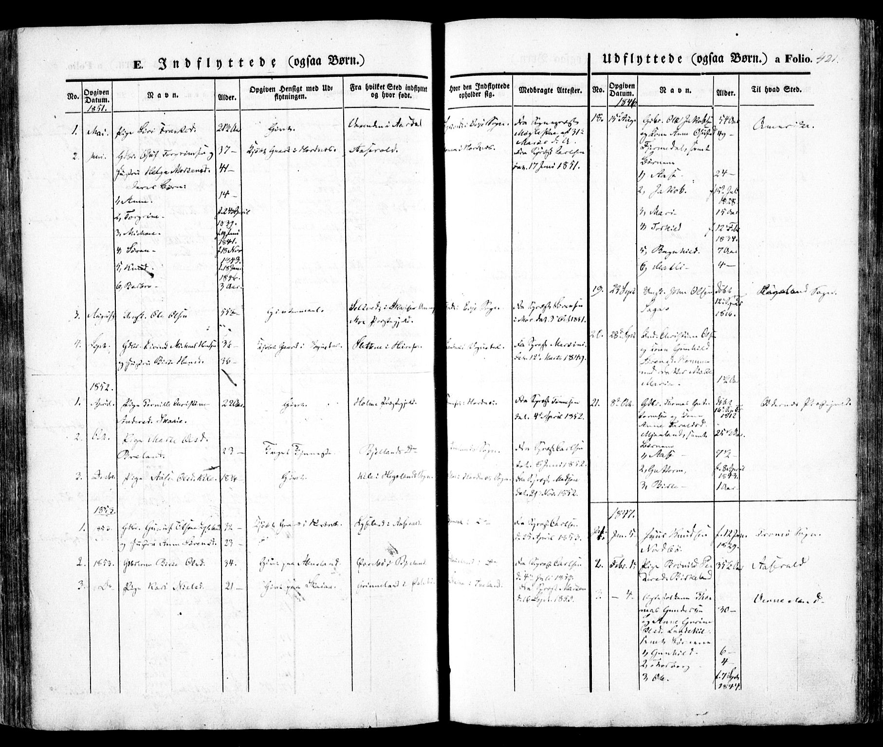 Evje sokneprestkontor, SAK/1111-0008/F/Fa/Faa/L0005: Parish register (official) no. A 5, 1843-1865, p. 421