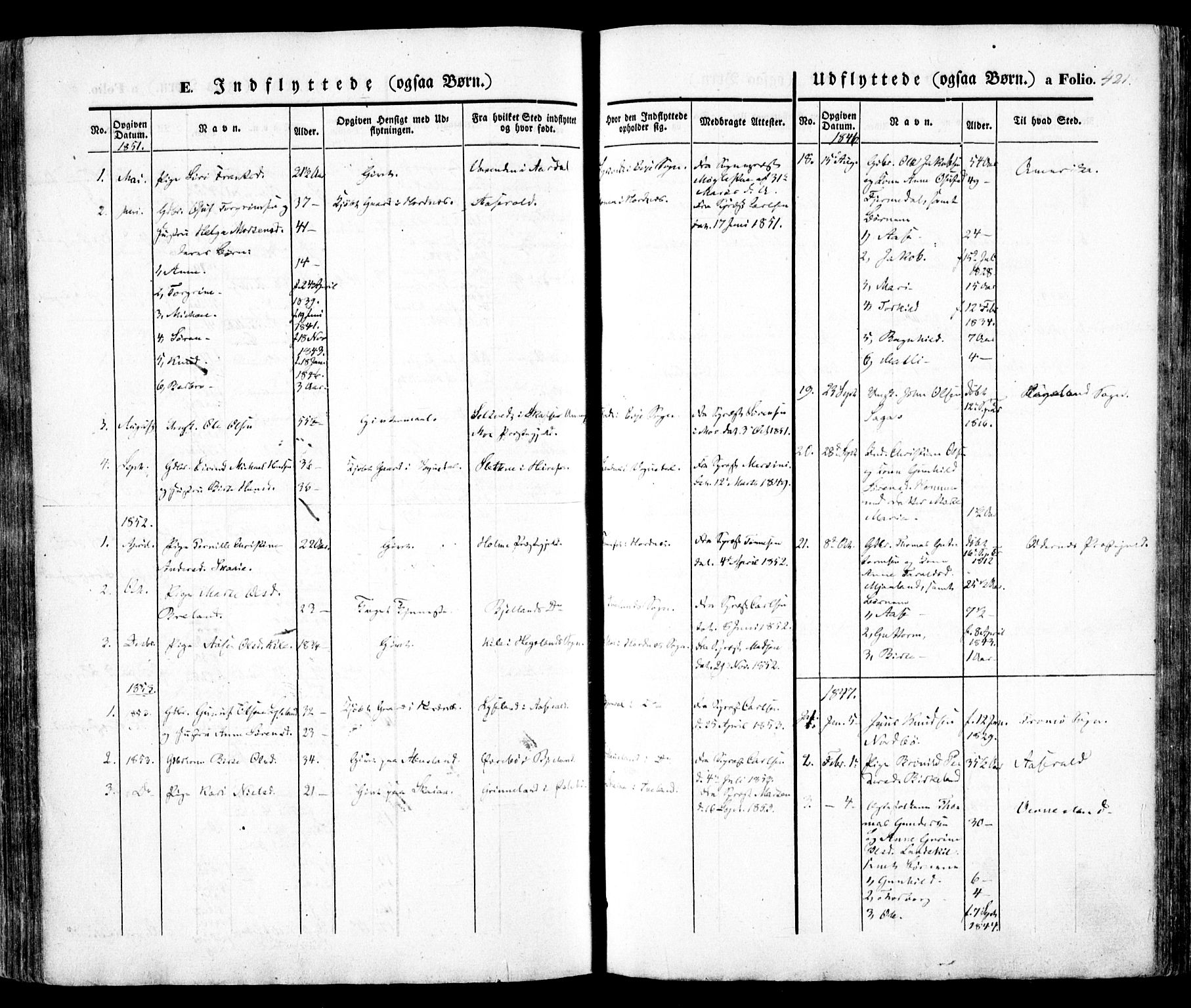 Evje sokneprestkontor, AV/SAK-1111-0008/F/Fa/Faa/L0005: Parish register (official) no. A 5, 1843-1865, p. 421