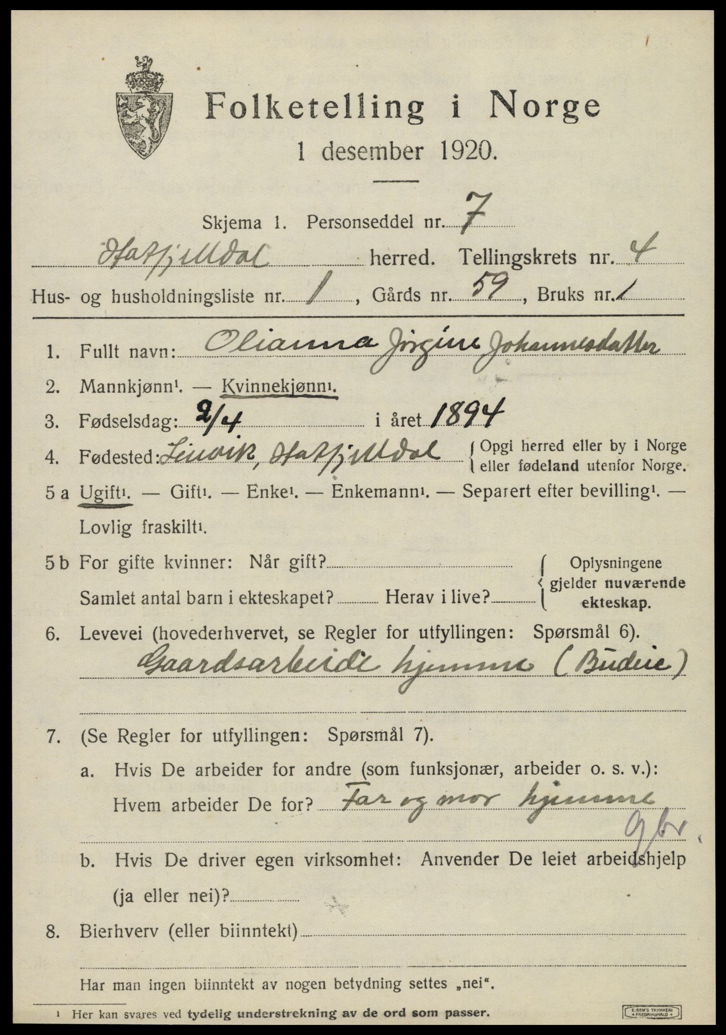 SAT, 1920 census for Hattfjelldal, 1920, p. 958