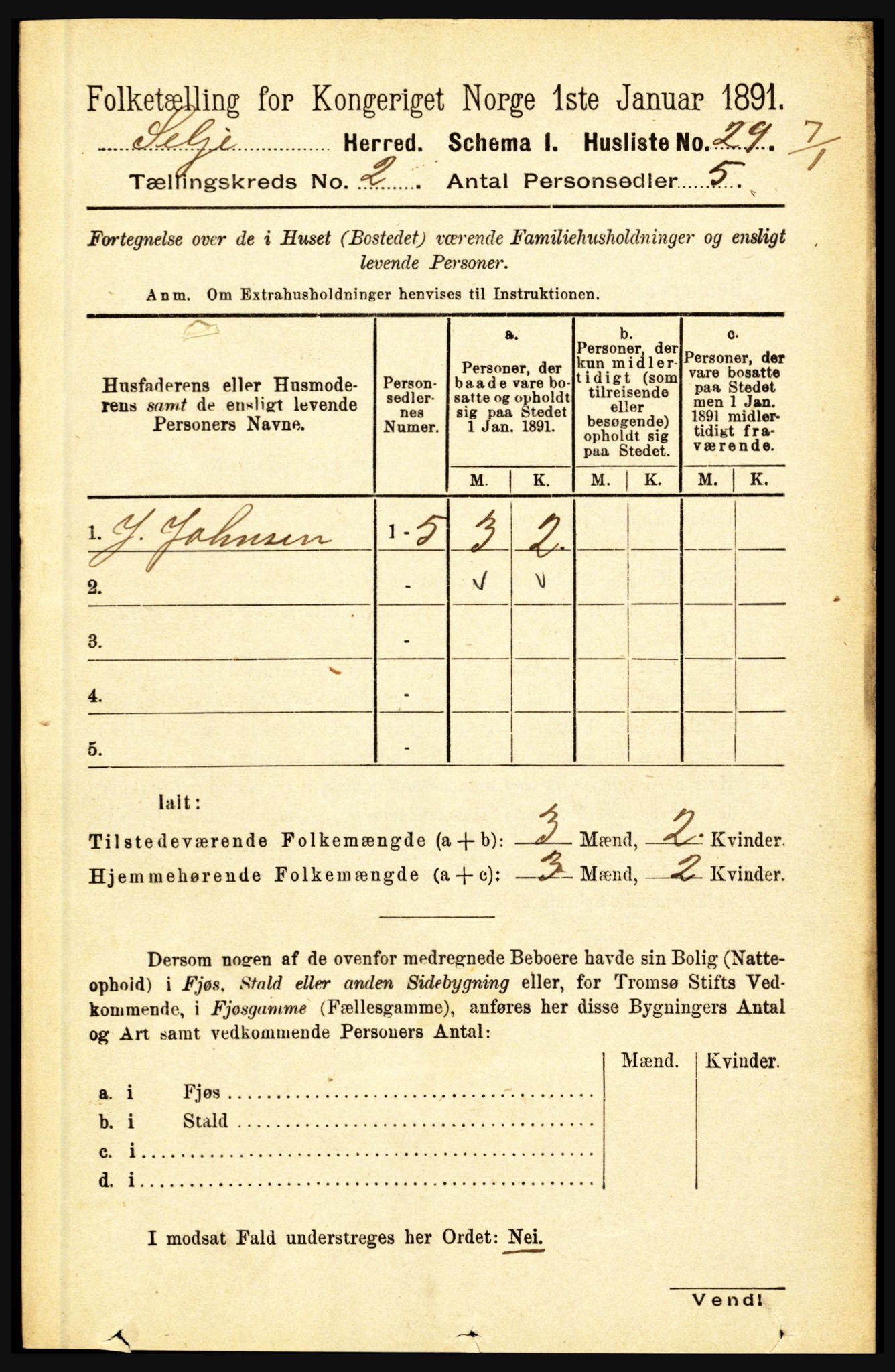 RA, 1891 census for 1441 Selje, 1891, p. 377
