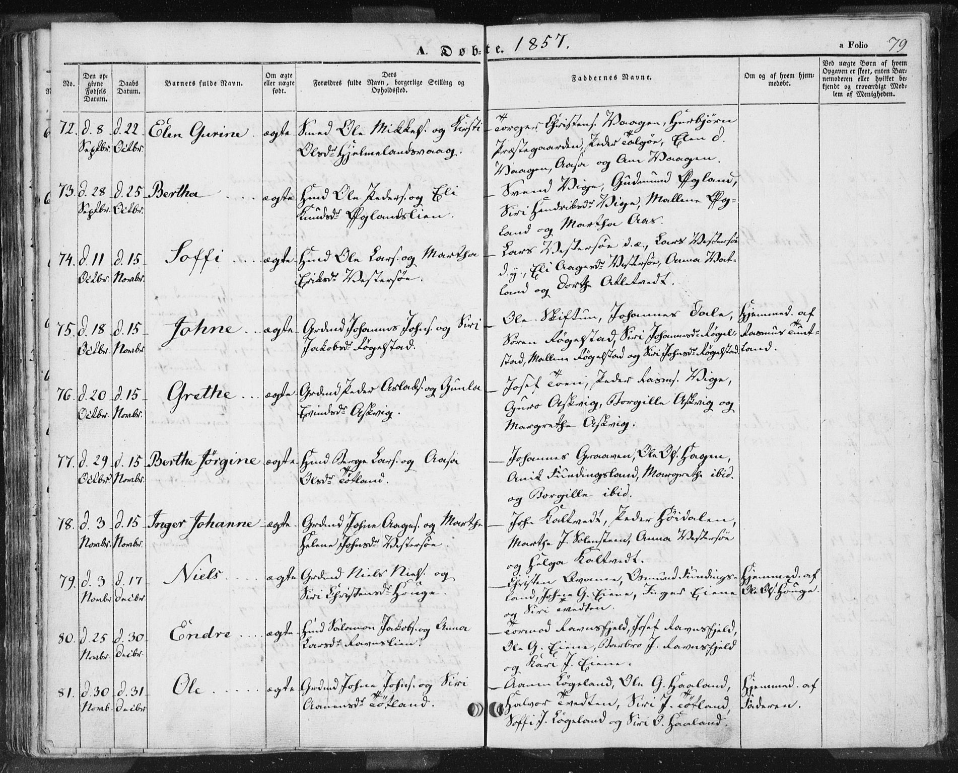 Hjelmeland sokneprestkontor, AV/SAST-A-101843/01/IV/L0009: Parish register (official) no. A 9, 1846-1860, p. 79