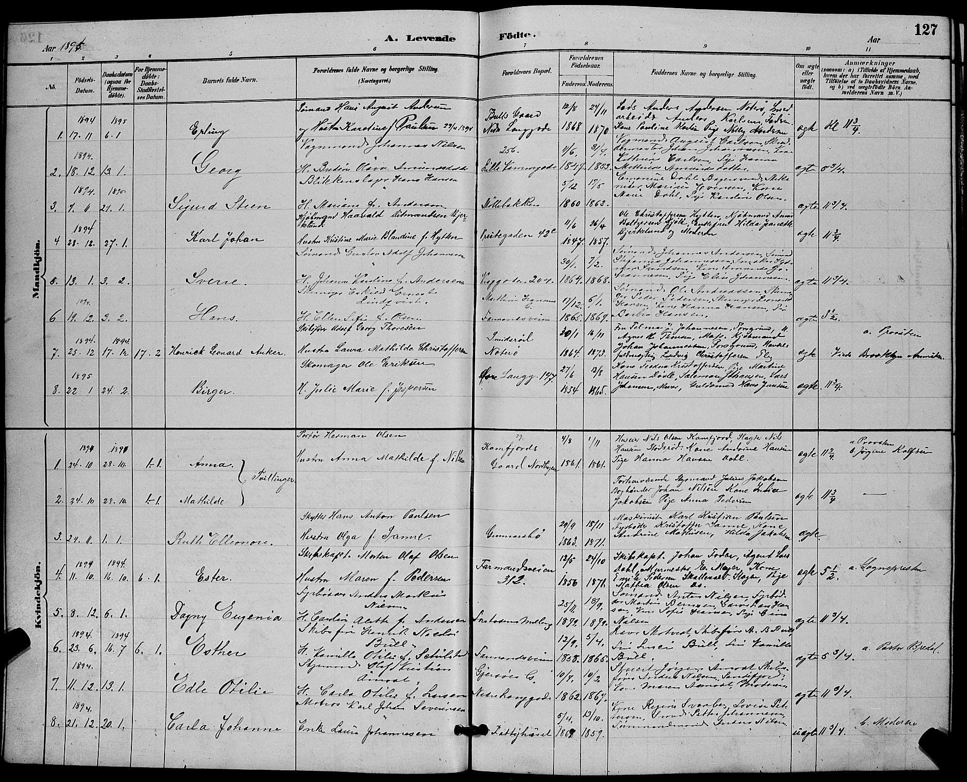 Tønsberg kirkebøker, AV/SAKO-A-330/G/Ga/L0006: Parish register (copy) no. 6, 1885-1895, p. 127