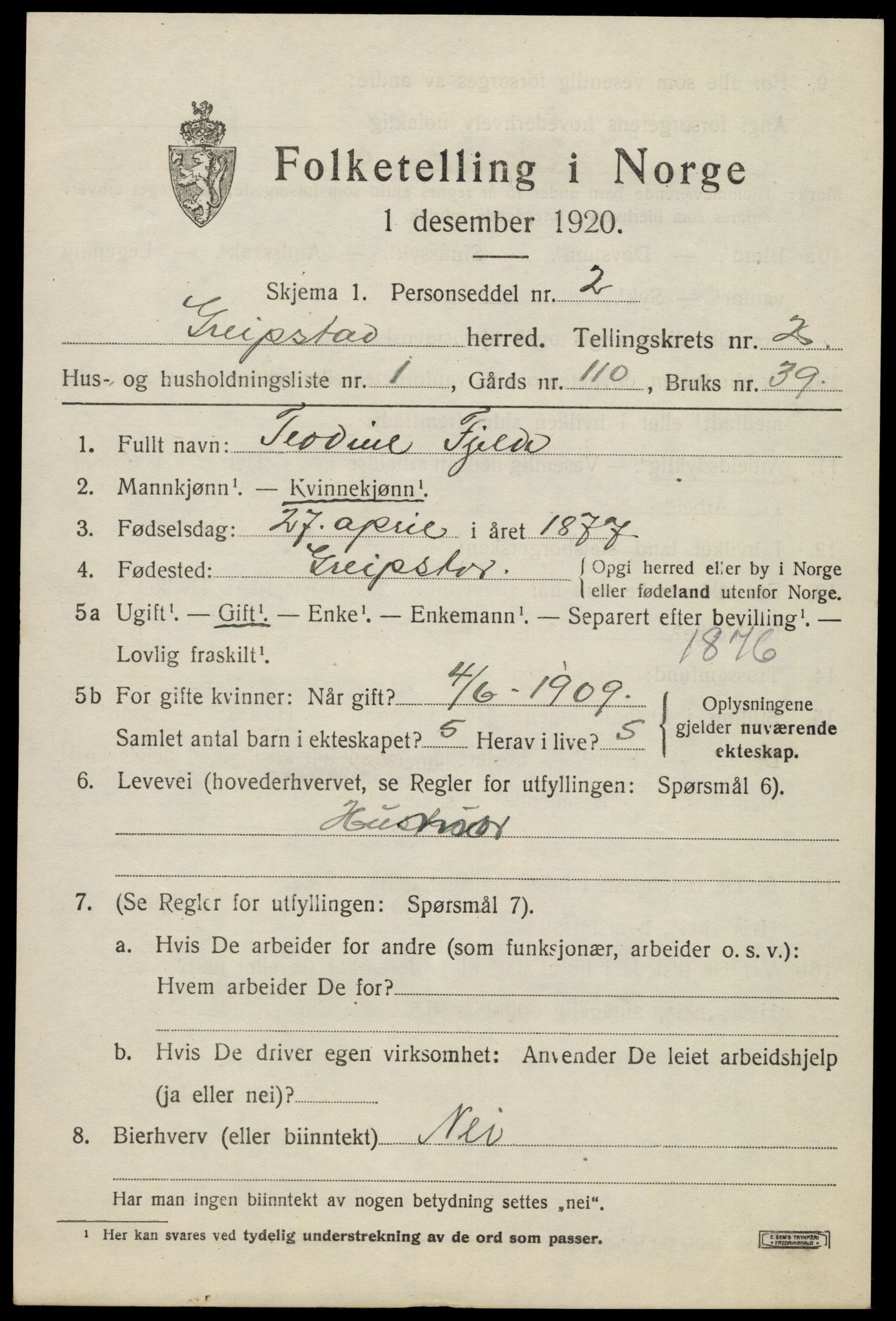 SAK, 1920 census for Greipstad, 1920, p. 874