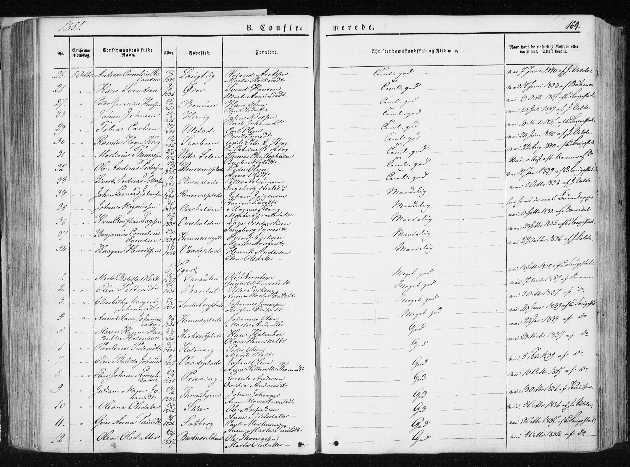 Ministerialprotokoller, klokkerbøker og fødselsregistre - Nord-Trøndelag, AV/SAT-A-1458/741/L0393: Parish register (official) no. 741A07, 1849-1863, p. 169