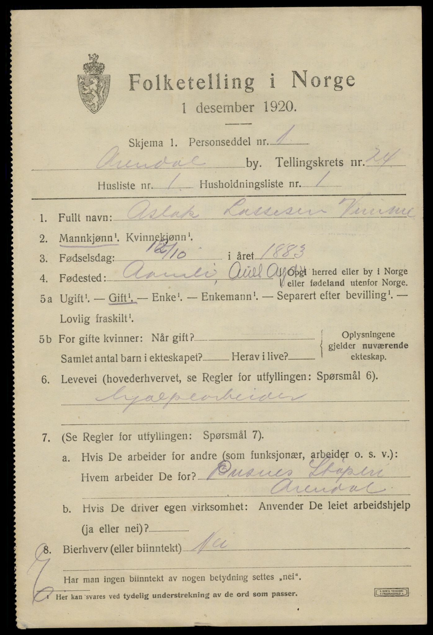 SAK, 1920 census for Arendal, 1920, p. 29792