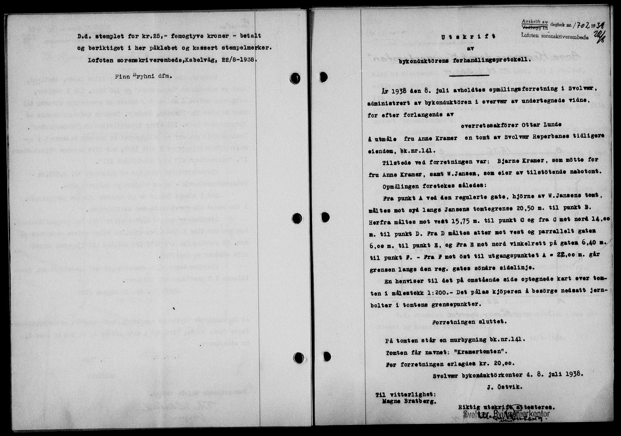 Lofoten sorenskriveri, SAT/A-0017/1/2/2C/L0004a: Mortgage book no. 4a, 1938-1938, Diary no: : 1702/1938