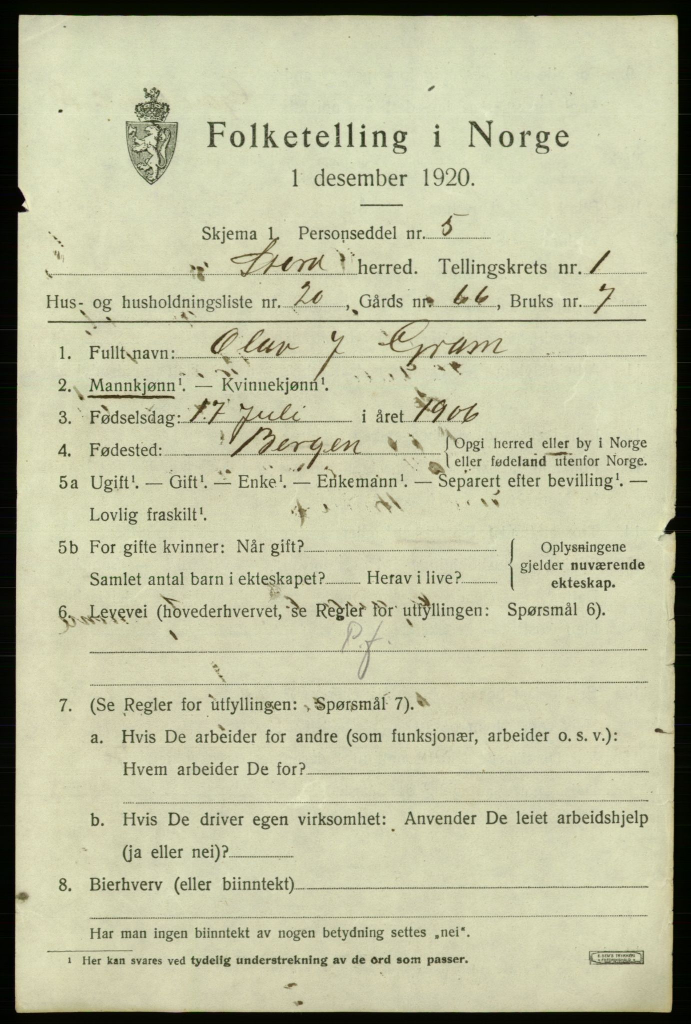 SAB, 1920 census for Stord, 1920, p. 1473