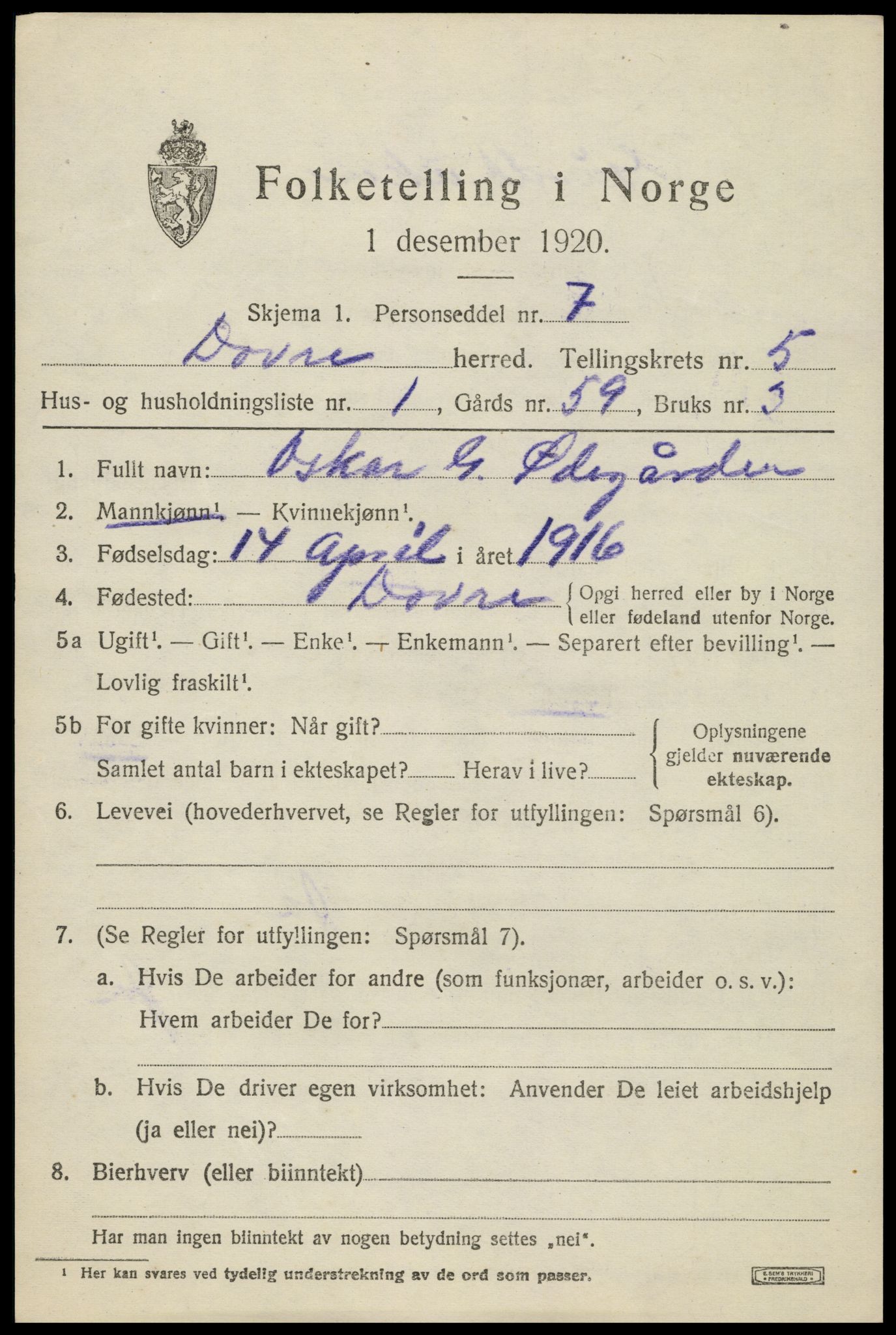 SAH, 1920 census for Dovre, 1920, p. 5192