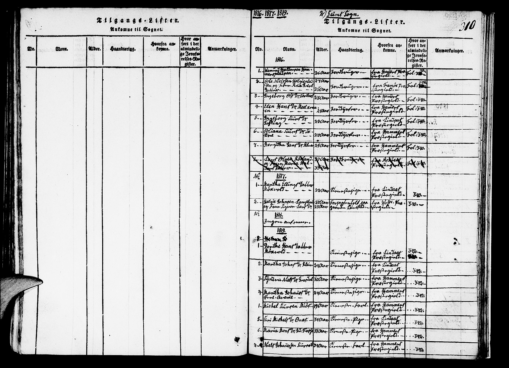 Hosanger sokneprestembete, AV/SAB-A-75801/H/Haa: Parish register (official) no. A 5, 1815-1824, p. 310